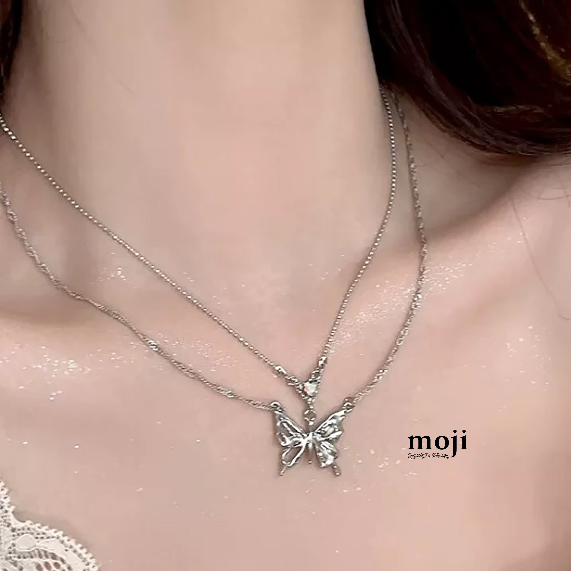 Dây chuyền mạ bạc đôi Butterfly đính đá