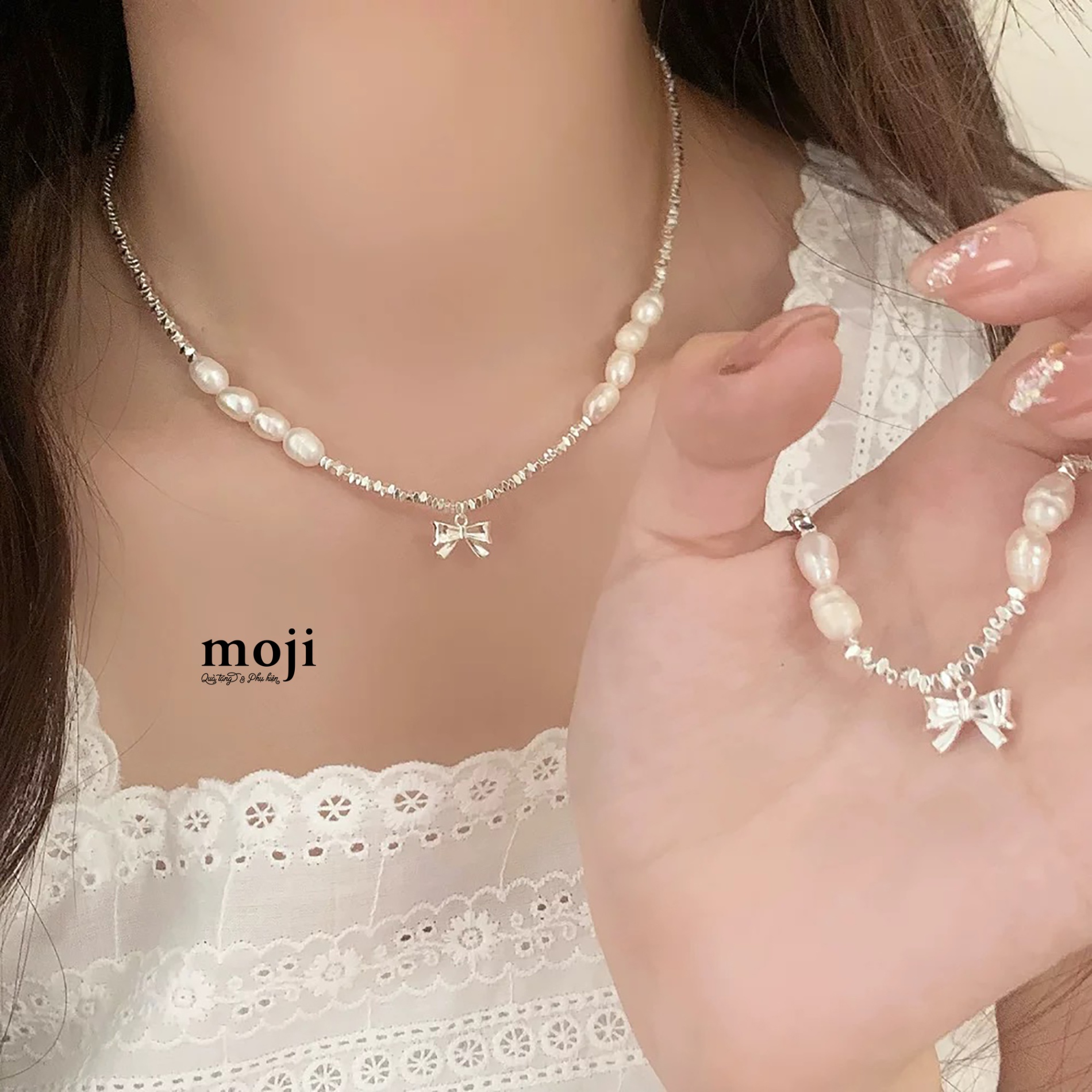 Dây chuyền mạ bạc Bow nơ chuỗi hạt ngọc trai khối vuông