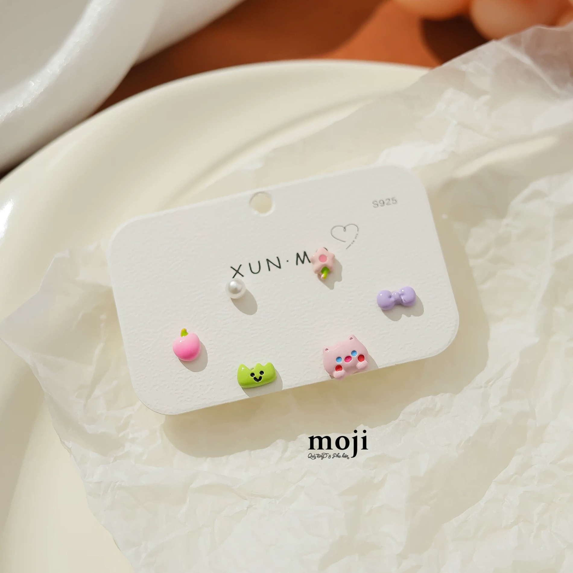 Khuyên tai set6 Cute cat face bow nơ flower fruit ngọc trai