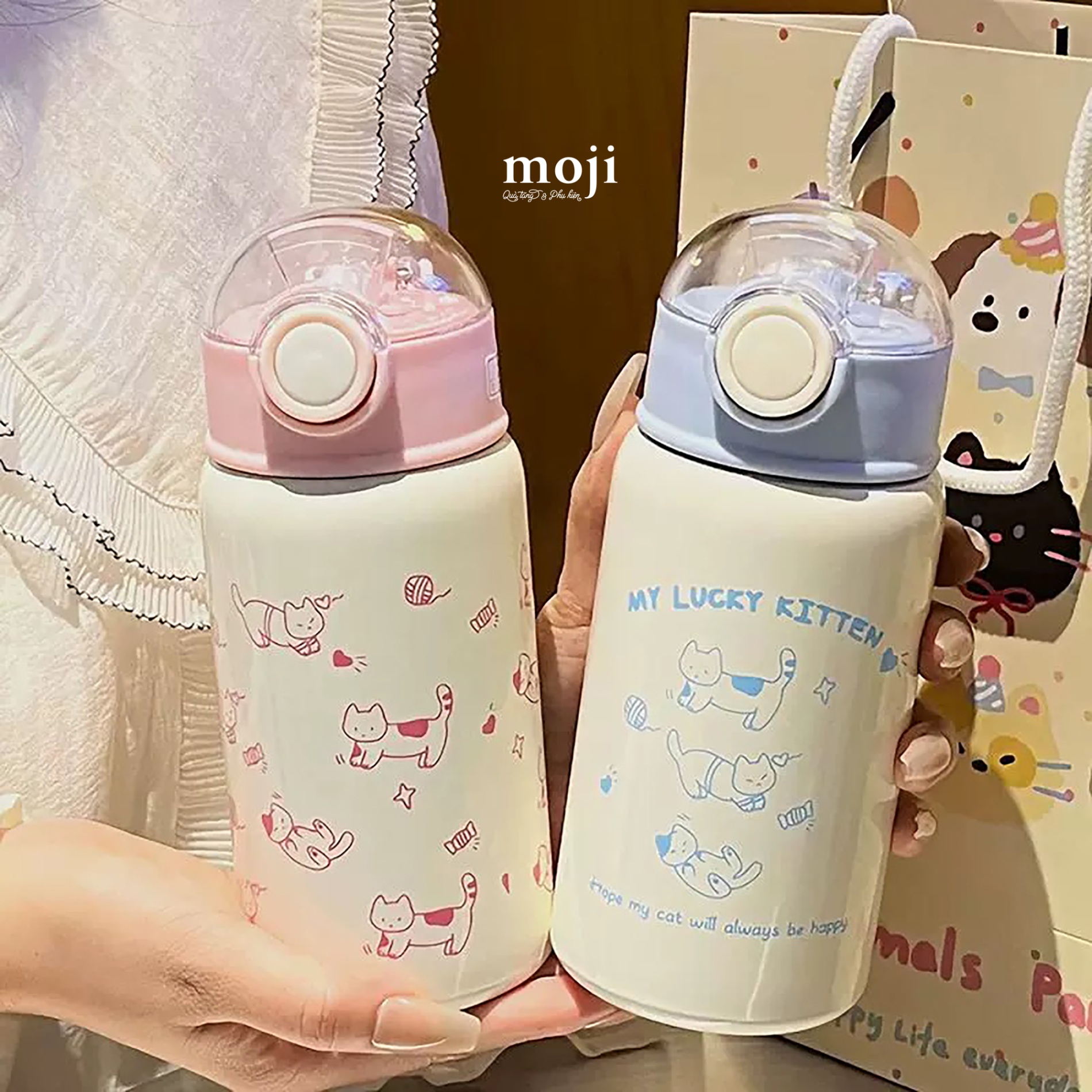 Bình nước giữ nhiệt My lucky kitten cat playing with wool roll cuộn len 450ml