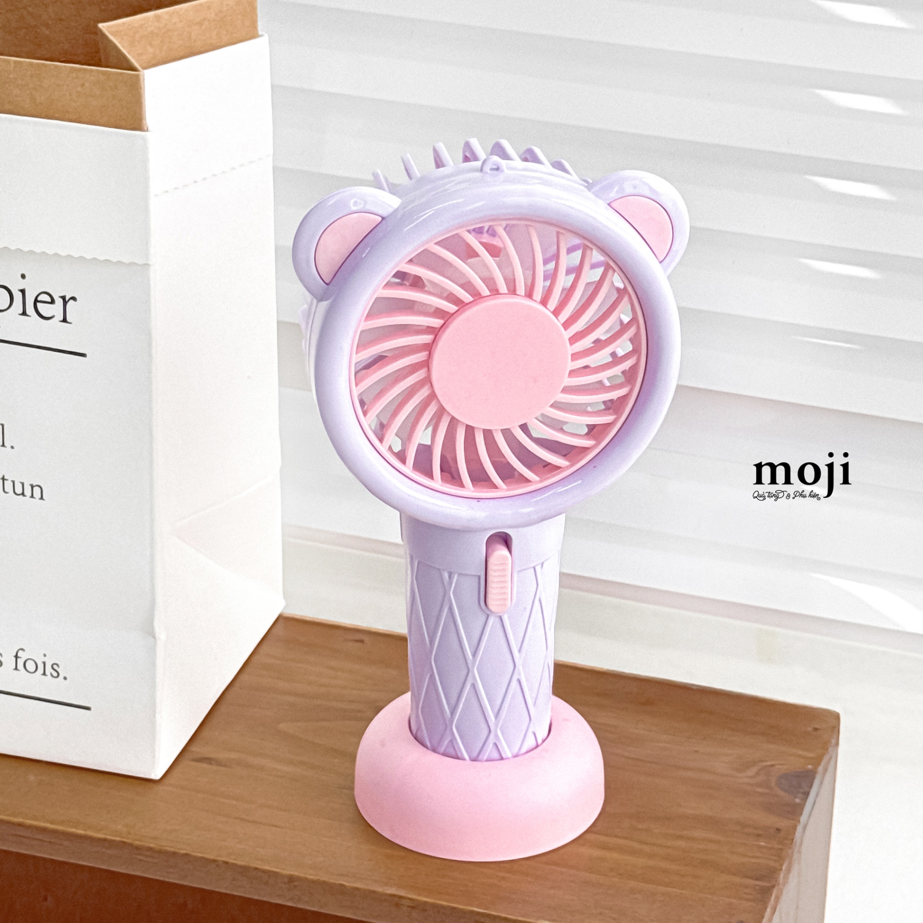 Quạt USB cầm tay sạc tích điện Baby bear ice cream có tai