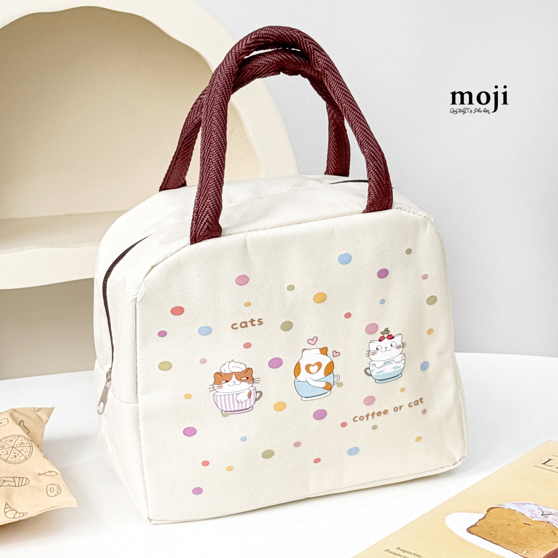 Túi đựng cơm giữ nhiệt Coffee or cat chấm bi màu sắc 12x18x21