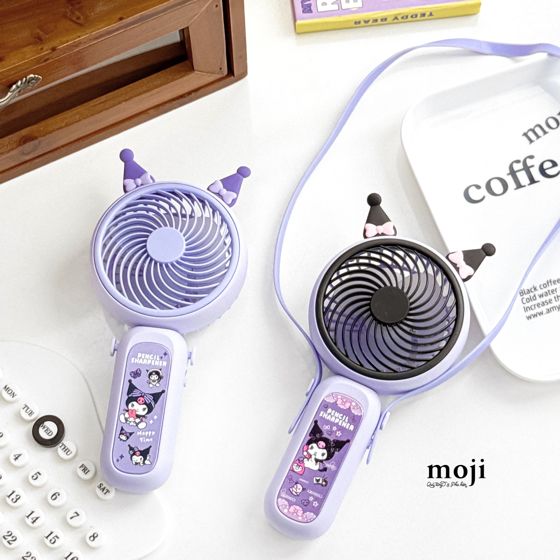 Quạt USB cầm tay sạc tích điện Sanrio family Kuromi pencil sharpener có tai nơ