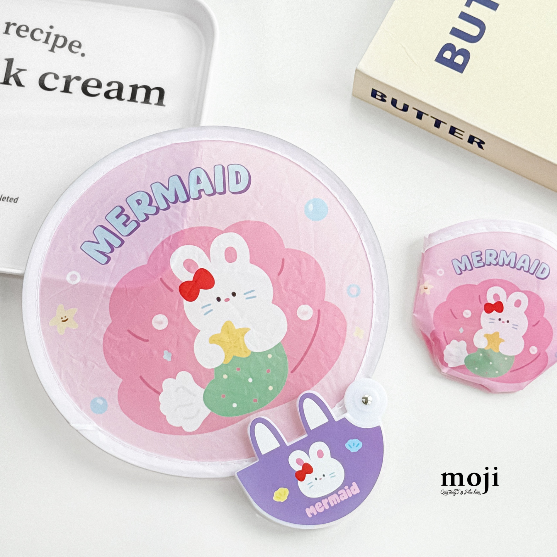 Quạt tròn gấp sáng tạo Rabbit mermaid vỏ sò