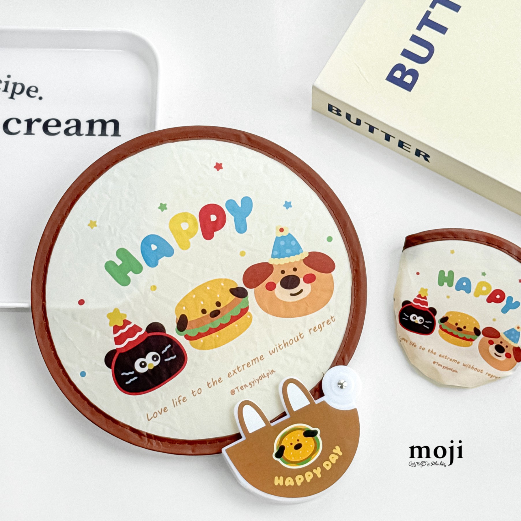 Quạt tròn gấp sáng tạo Happy cat dog fast food hamburger