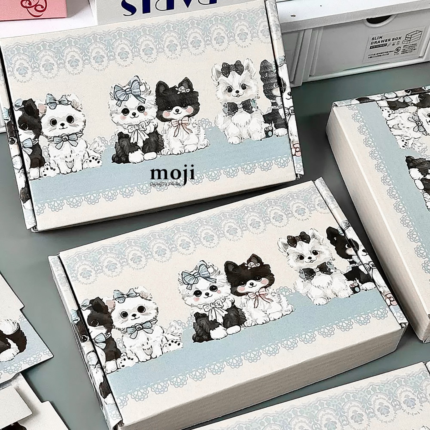 Hộp quà giấy gấp Couple cat bow nơ viền họa tiết 3x13x20