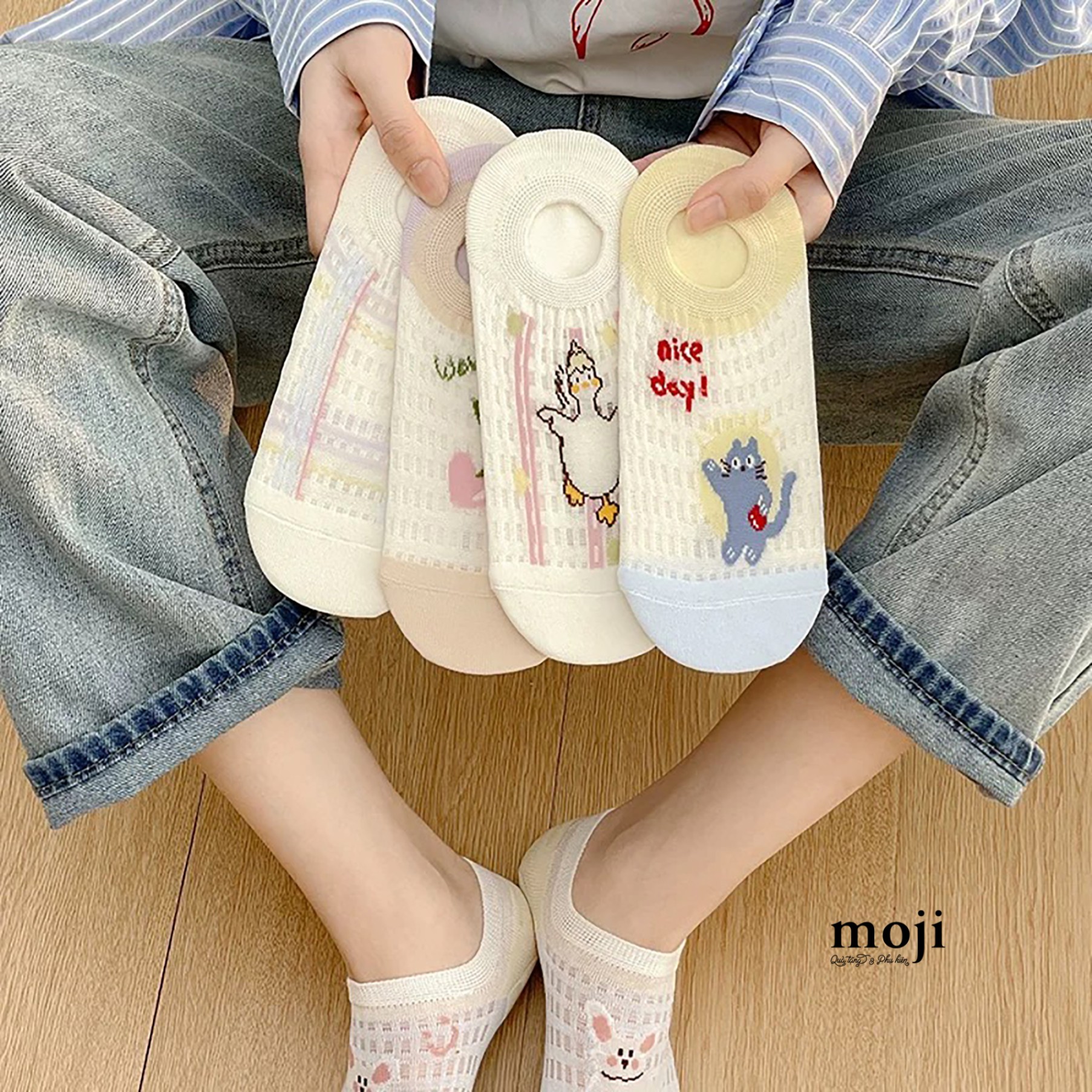 Tất vớ lười Cute animal fruit đường kẻ nền ô vuông