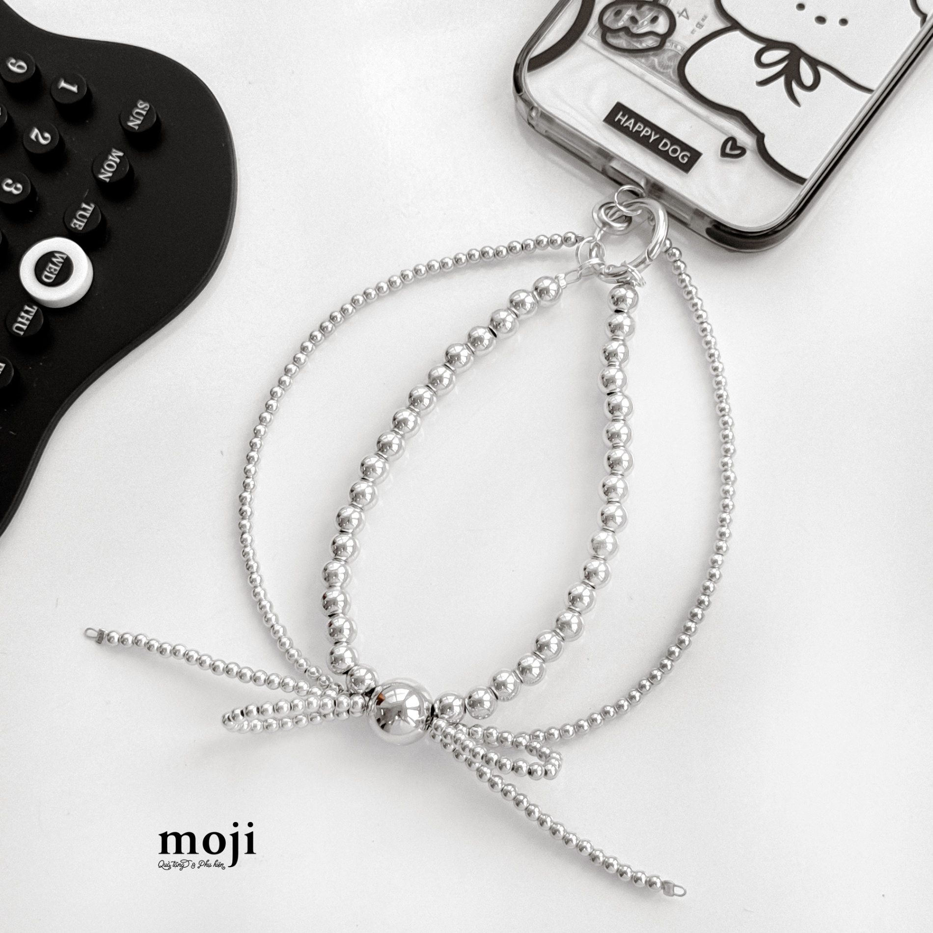 Dây đeo điện thoại Silver bow nơ 2 dây hạt tròn kèm phụ kiện