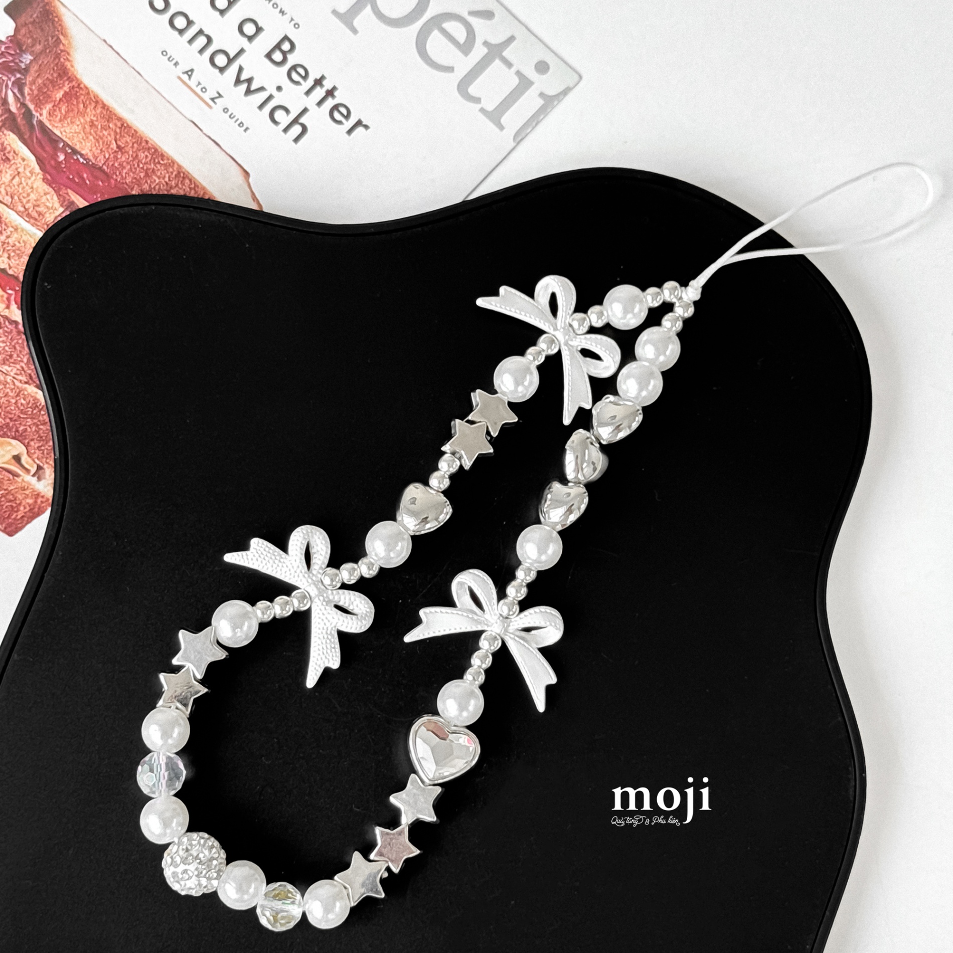 Dây đeo điện thoại Bow nơ có viền silver heart star