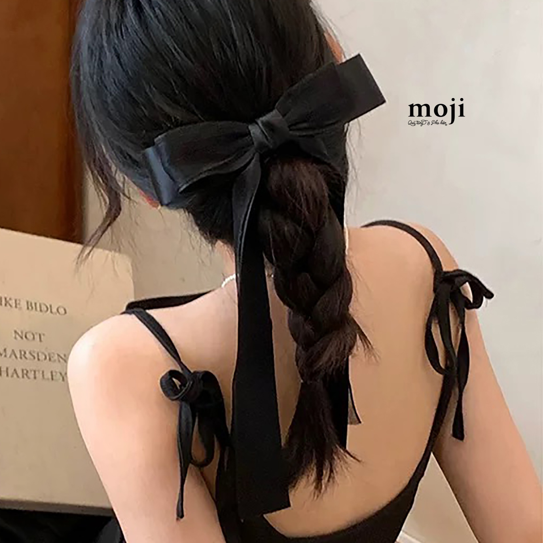 Kẹp tóc MJ Bow nơ ruy băng phối voan 2 tầng dây dài