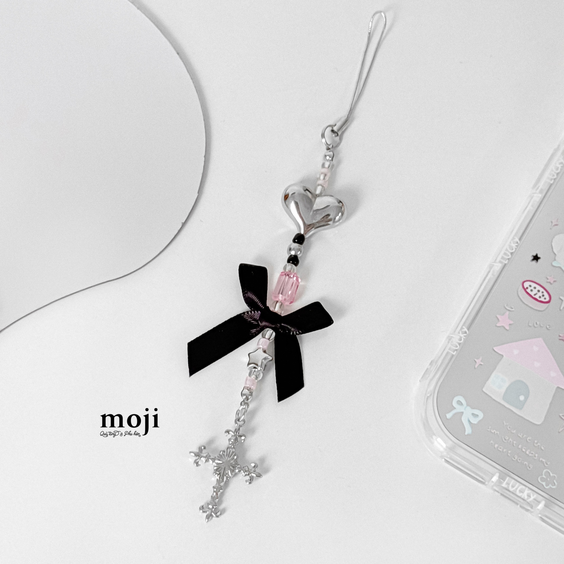 Móc đeo điện thoại Silver heart bow nơ cross thánh giá họa tiết đính đá