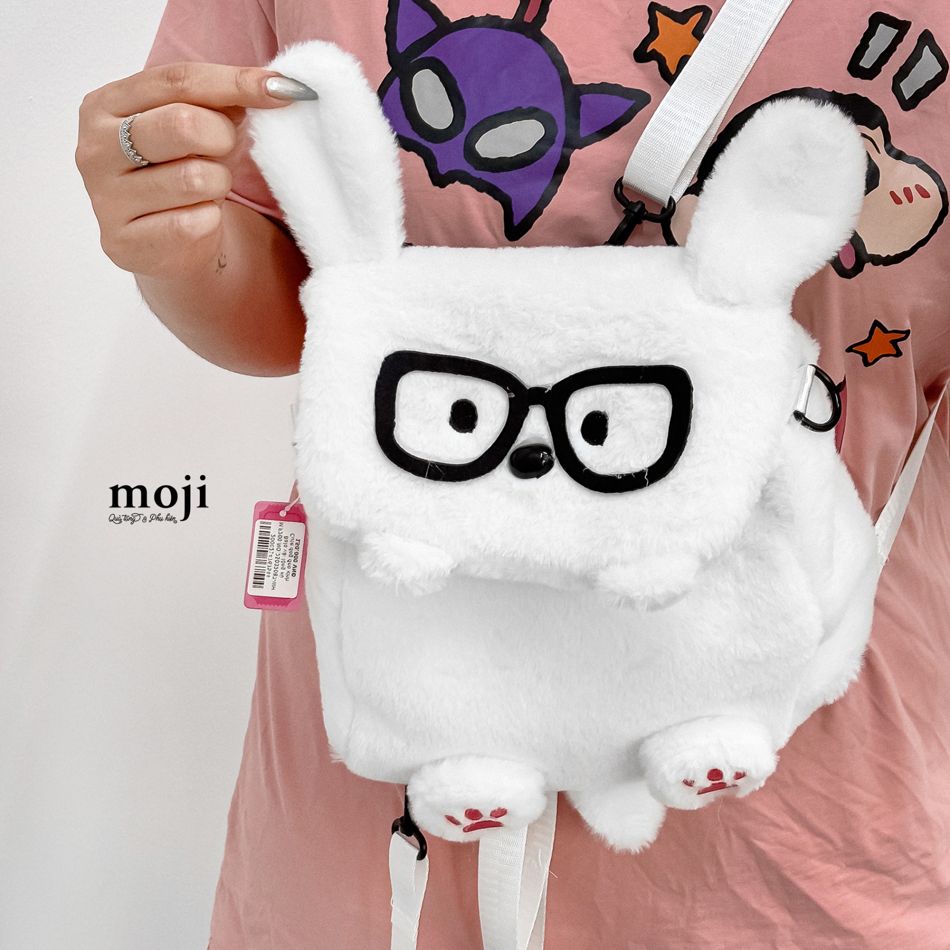 Balo vải lông xù Cute dog đeo kính chân nổi nắp gập 10x25x27