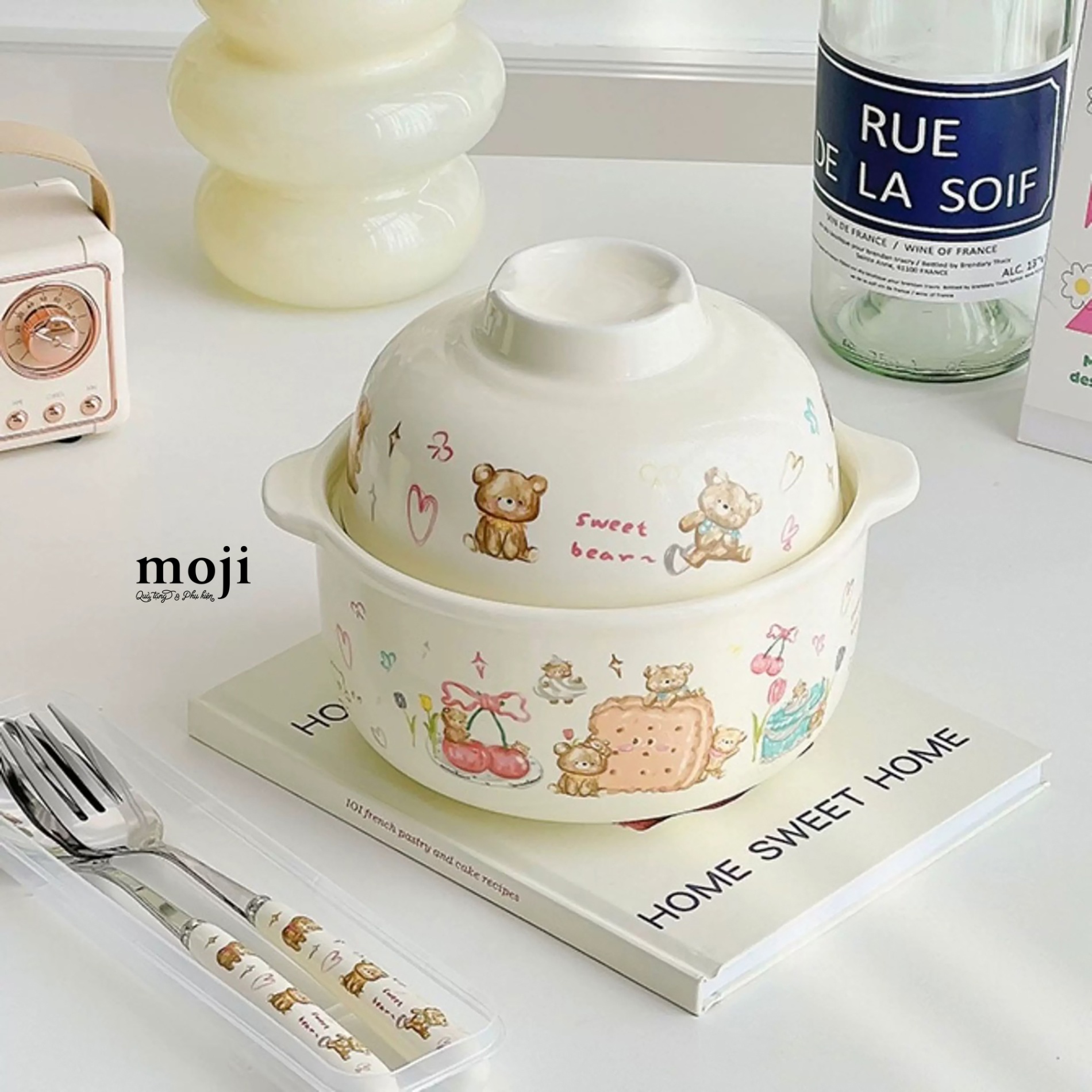 Chén bát gốm sứ kèm nắp sứ Sweet bear baby bear cookie painting 8x14