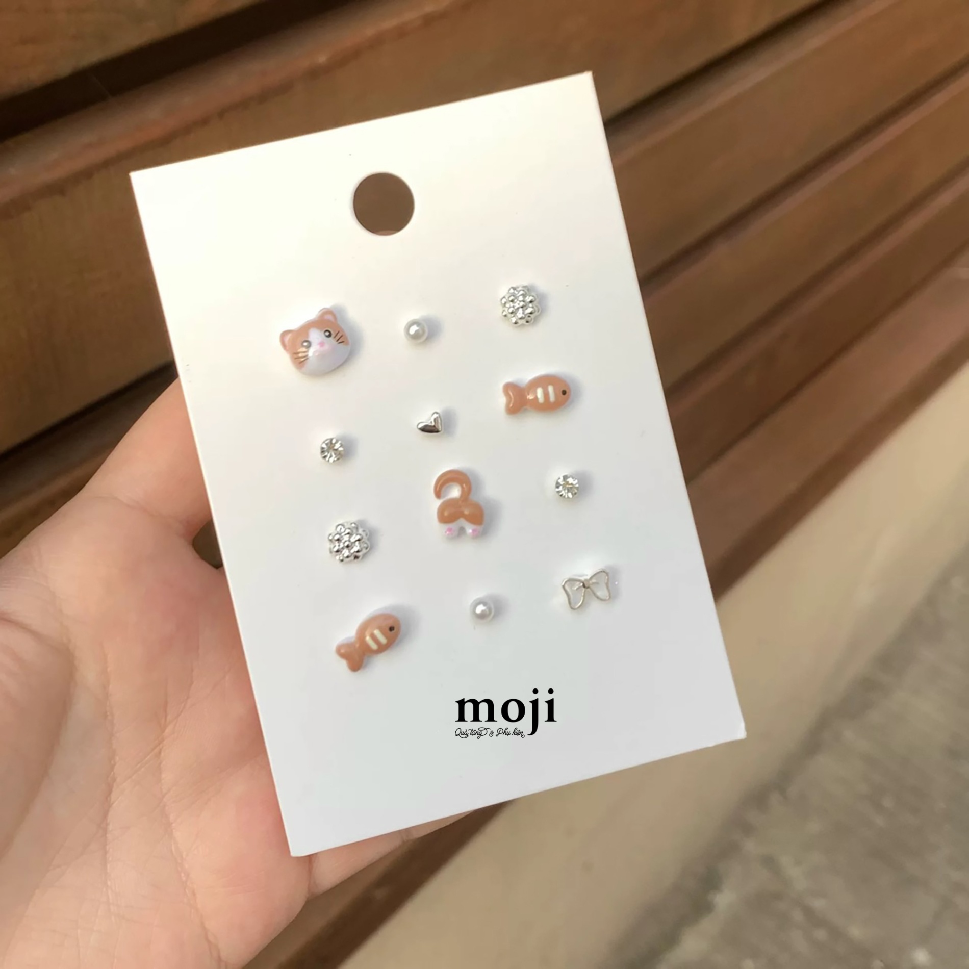 Khuyên tai set12 Cat cá nhỏ heart bow nơ ngọc trai đính đá