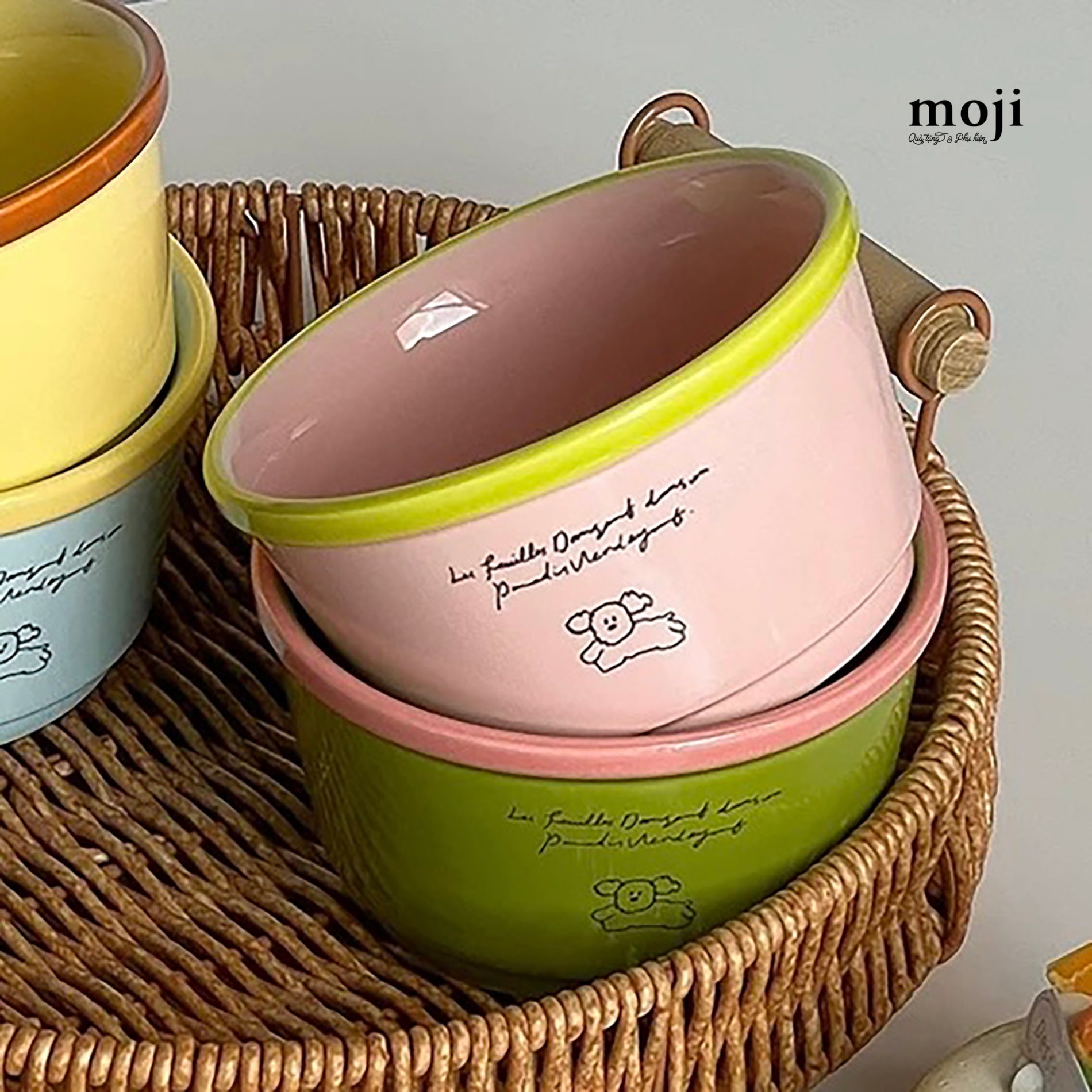 Chén bát gốm sứ Cute dog cún lông xù text viền phối màu 6x11