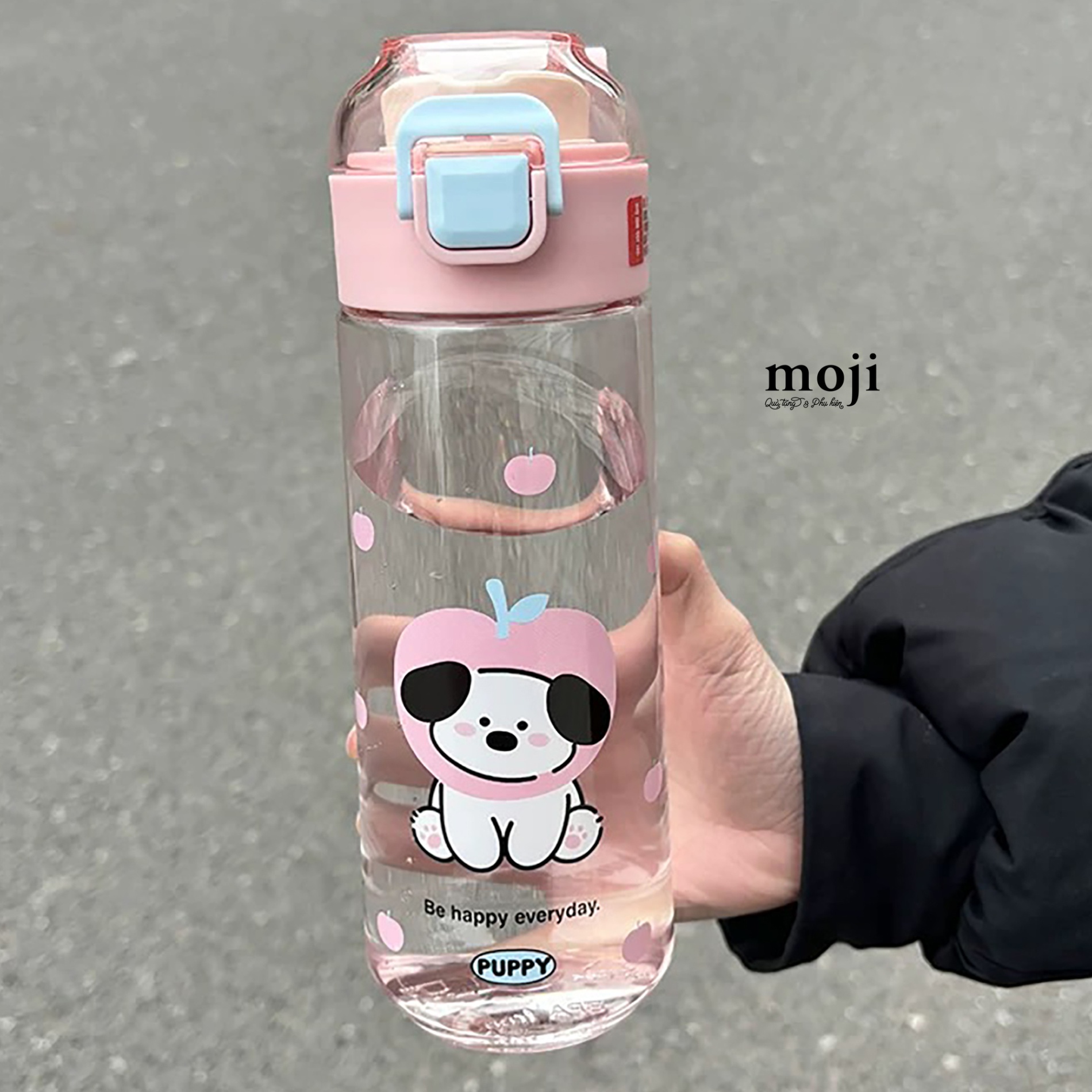 Bình nước nhựa Cute dog cosplay fruit deo tai nghe be happy everyday 620ml