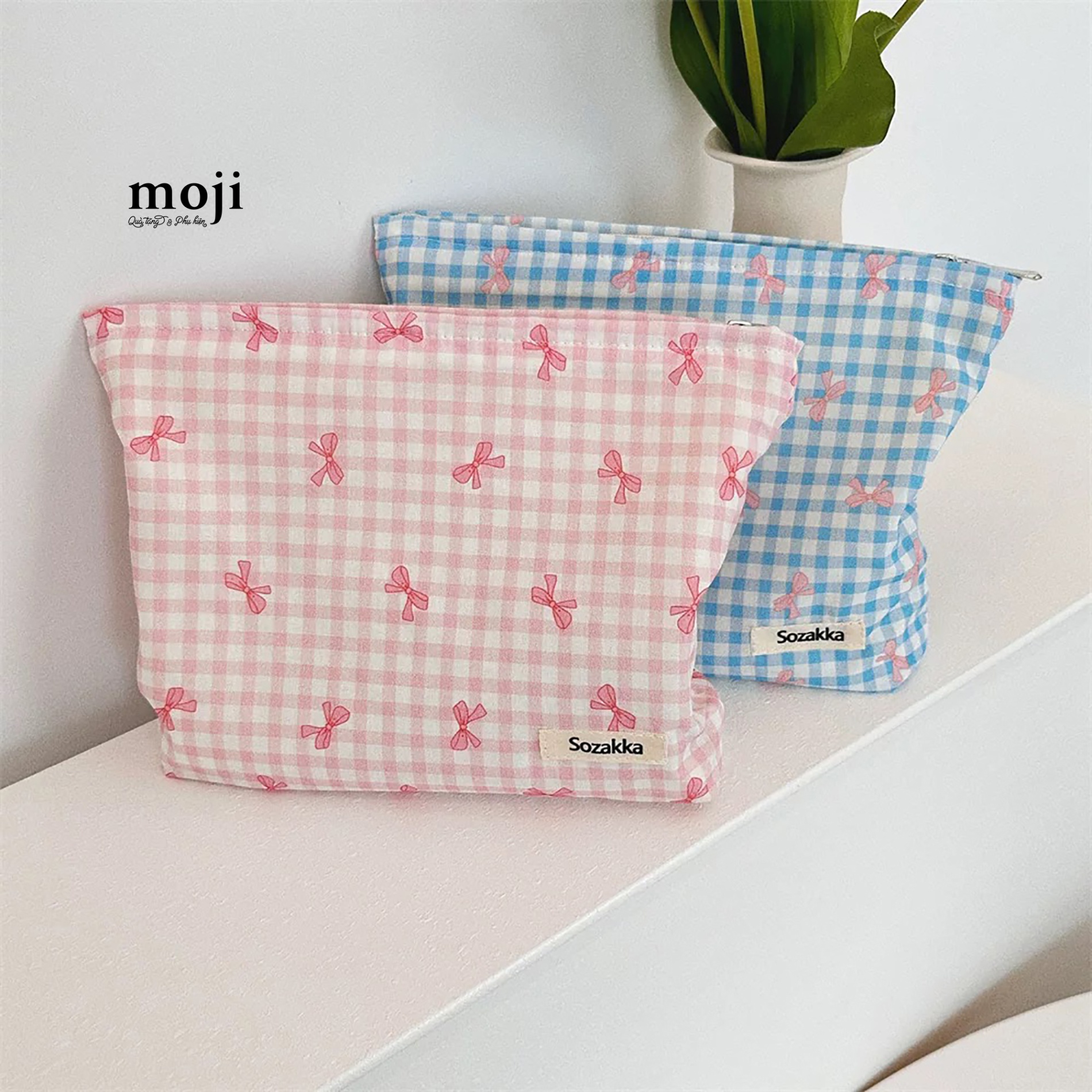 Túi đựng mỹ phẩm Little bow nơ nền kẻ ô 5x18x25