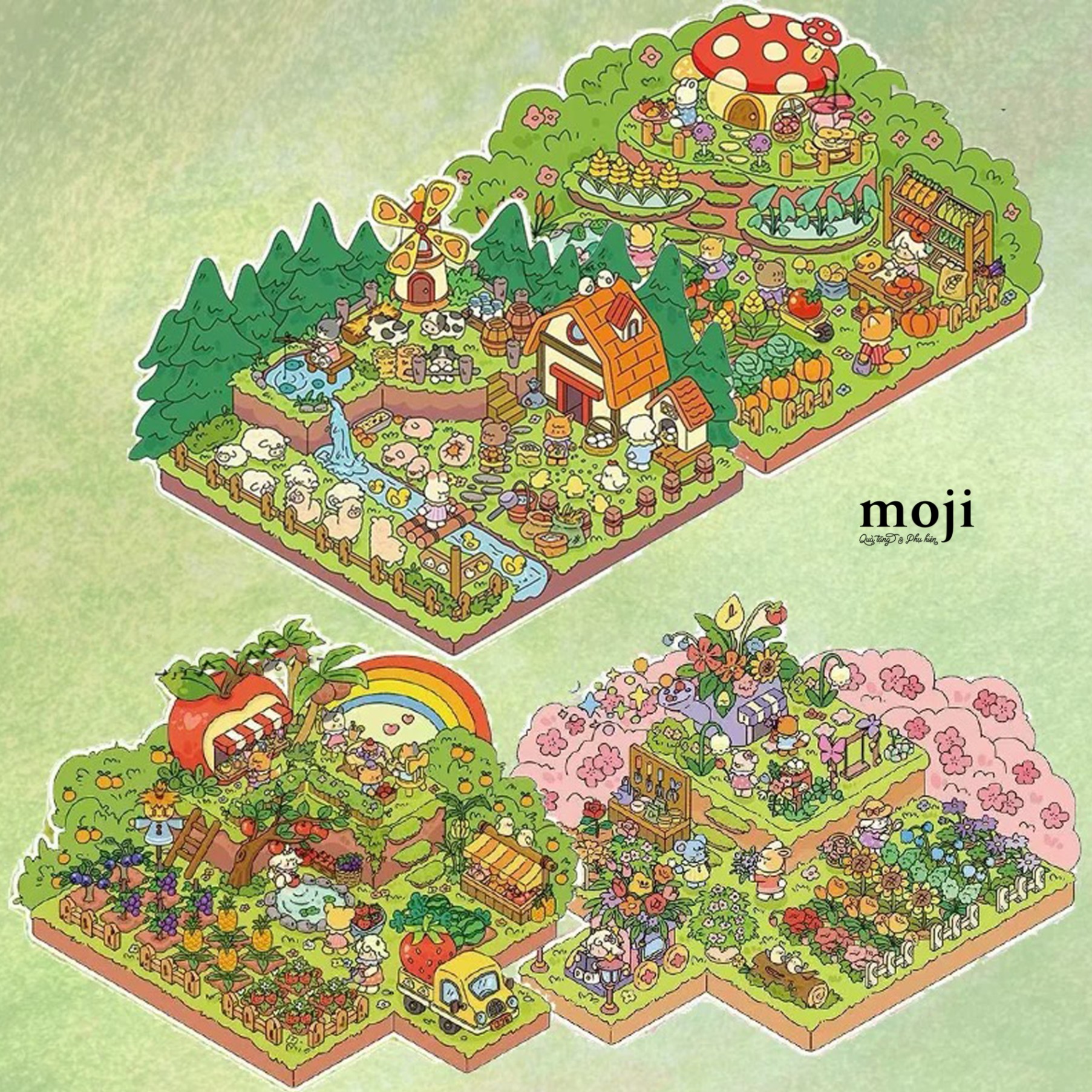 Sticker bảng MJ Build Cute animal trồng trọt nuôi cá set3