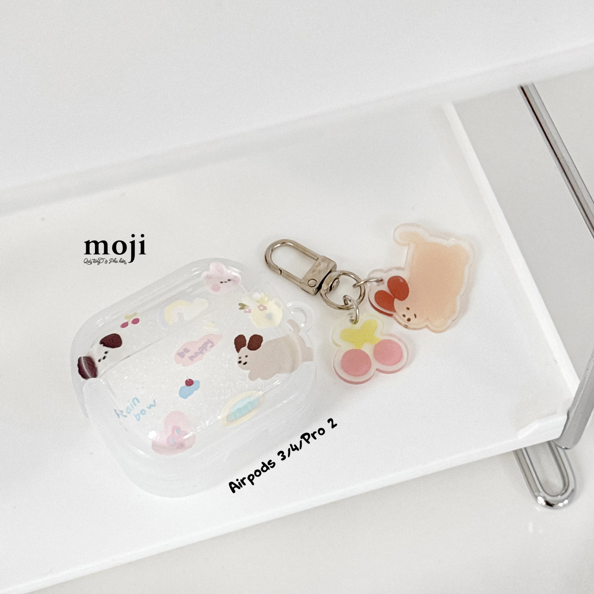 Case Airpods Cute dog rabbit rainbow be happy kèm móc