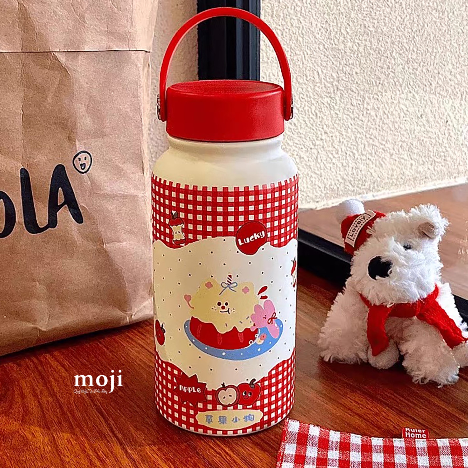 Bình nước giữ nhiệt Cute dog cake fruit apple kẻ ô chấm bi 900ml