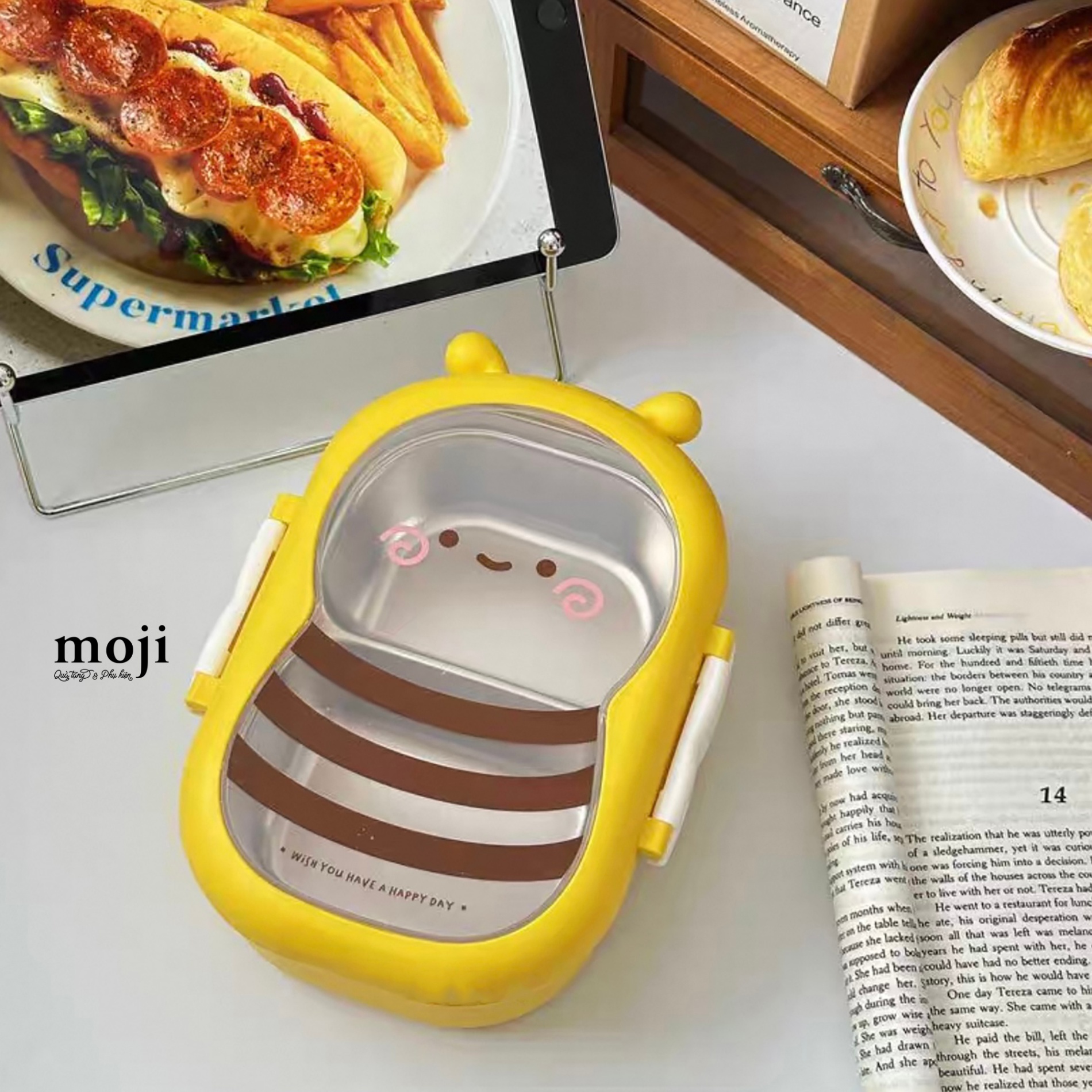Hộp cơm inox Cute bee chú ong wish you have a happy day 8x16x22