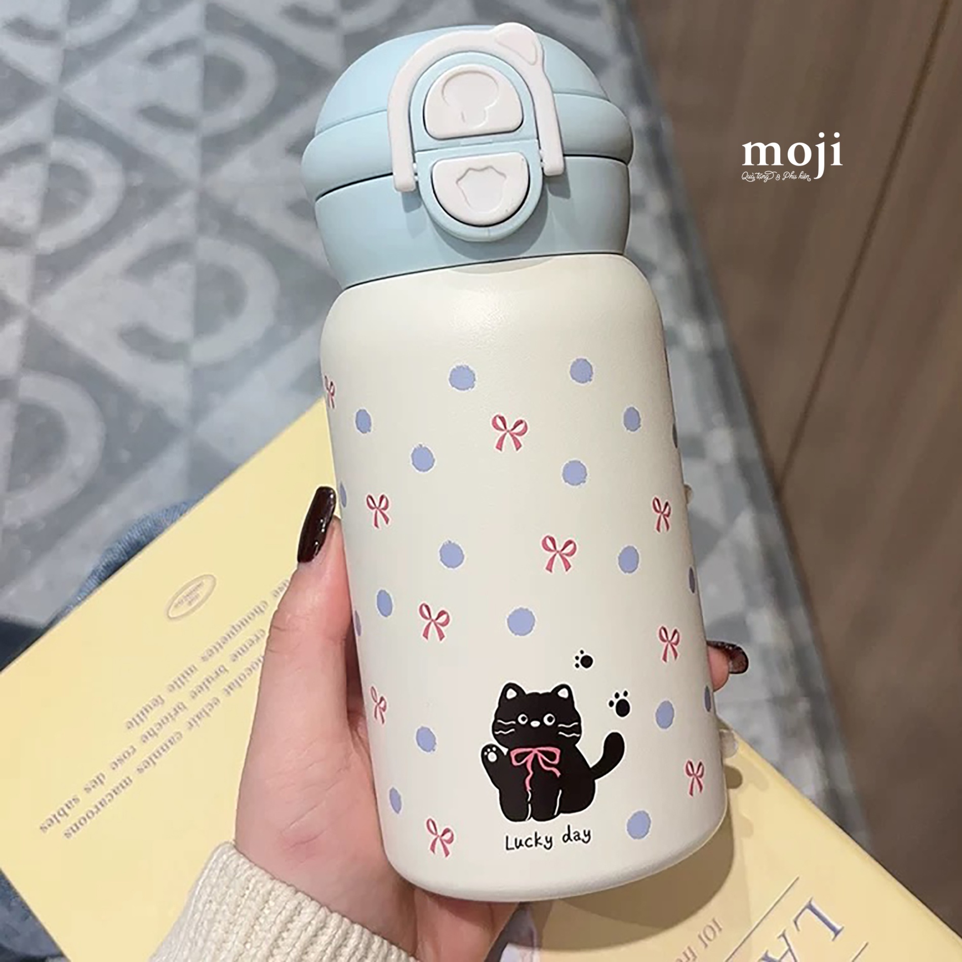 Bình nước giữ nhiệt Black cat bow nơ chấm bi lucky day 500ml