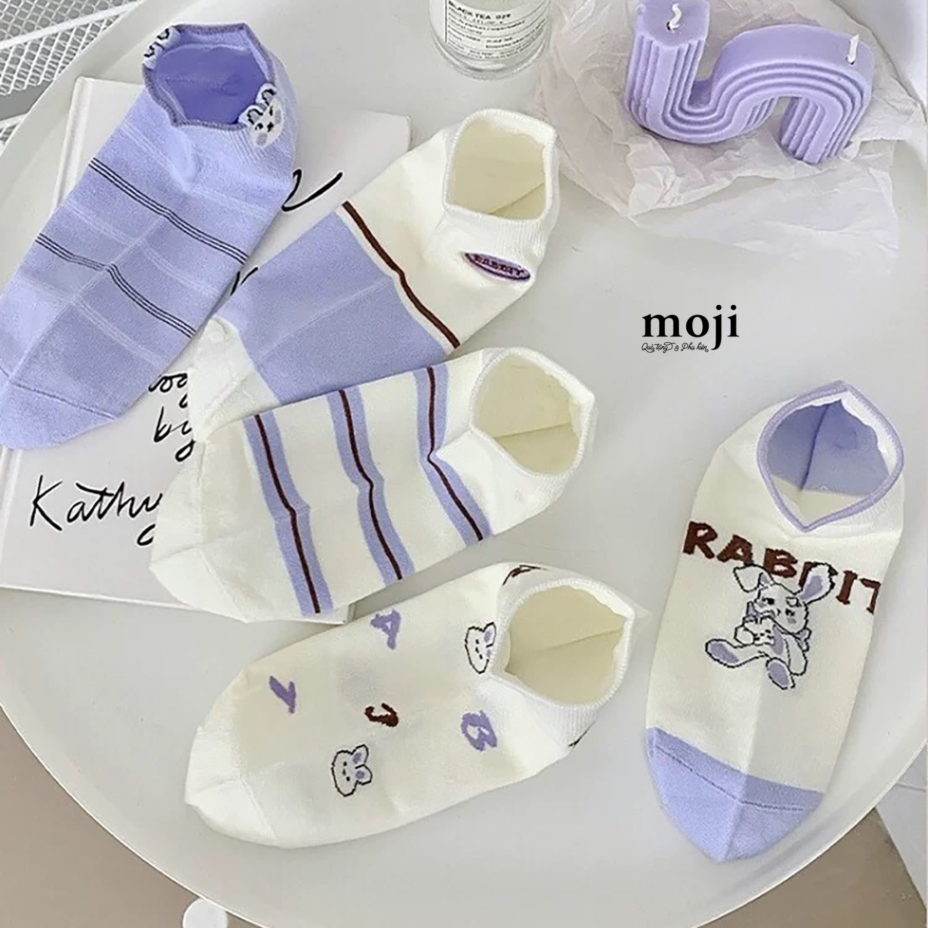 Tất vớ cổ ngắn Rabbit nền kẻ ngang phối màu