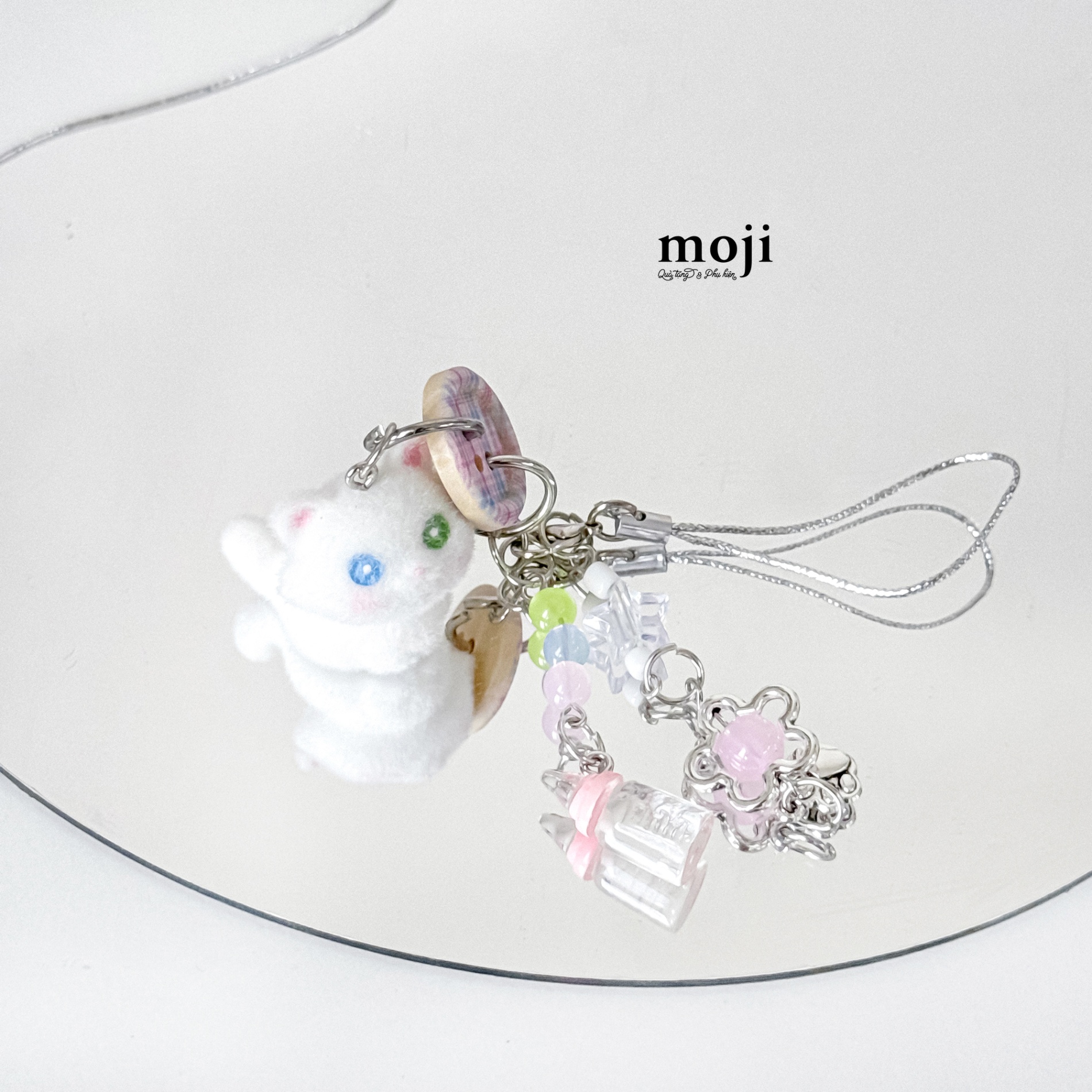 Móc đeo điện thoại Cute cat lông ngắn mắt 2 màu cúc áo flower star paw