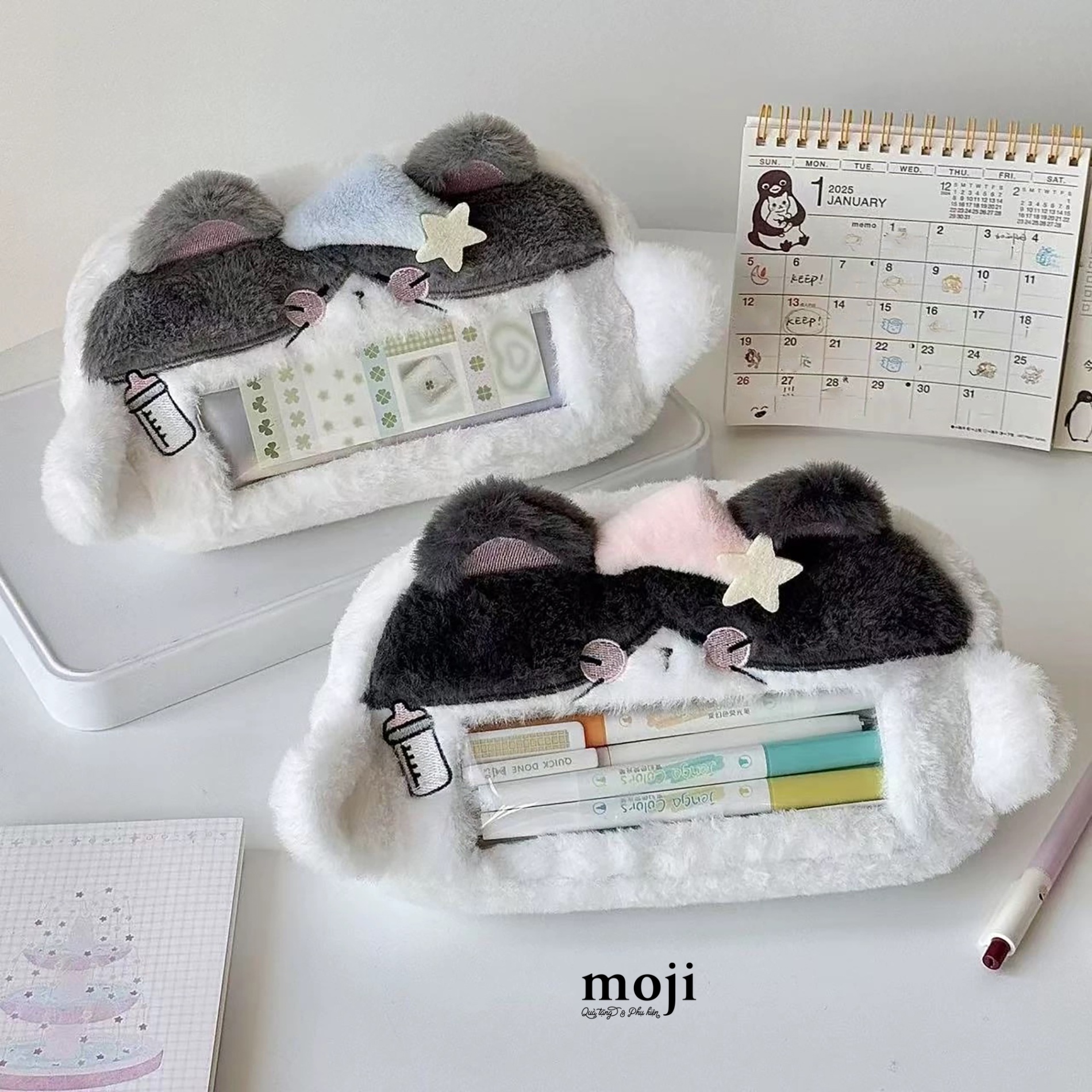 Hộp bút lớn lông xù Cute cat má hồng đội mũ milk 6x10x19