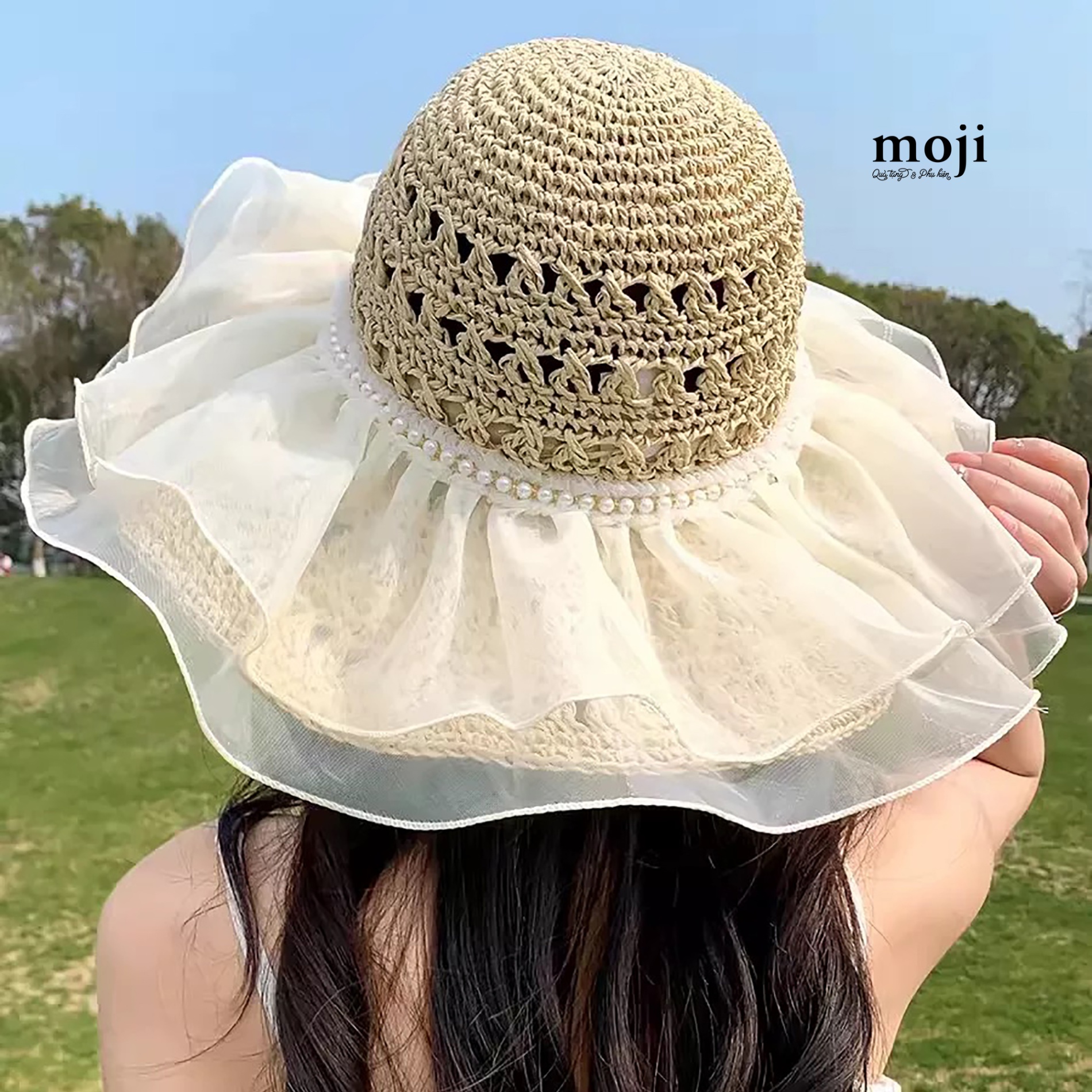 Mũ nón rộng vành phối voan 2 tầng