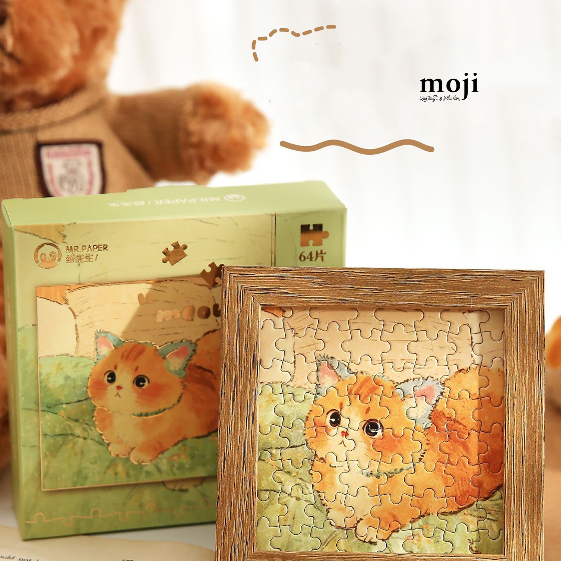 Đồ chơi ghép hình Cute cat mèo cam viền tai phối màu 64 miếng kèm phụ kiện 10x10