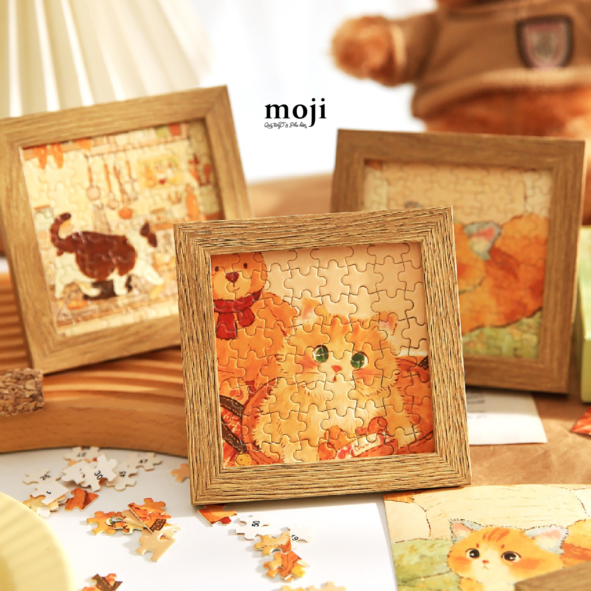 Đồ chơi ghép hình Cute cat mèo cam ngồi cạnh baby bear 64 miếng kèm phụ kiện 10x10