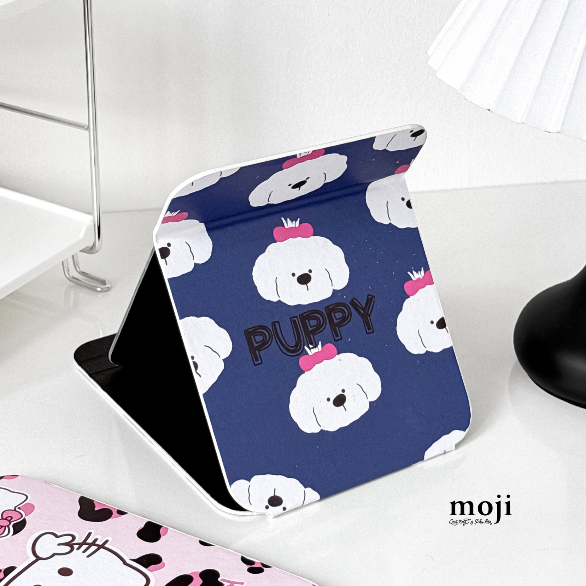 Gương gập để bàn Puppy dog face đeo nơ nền màu 15x20