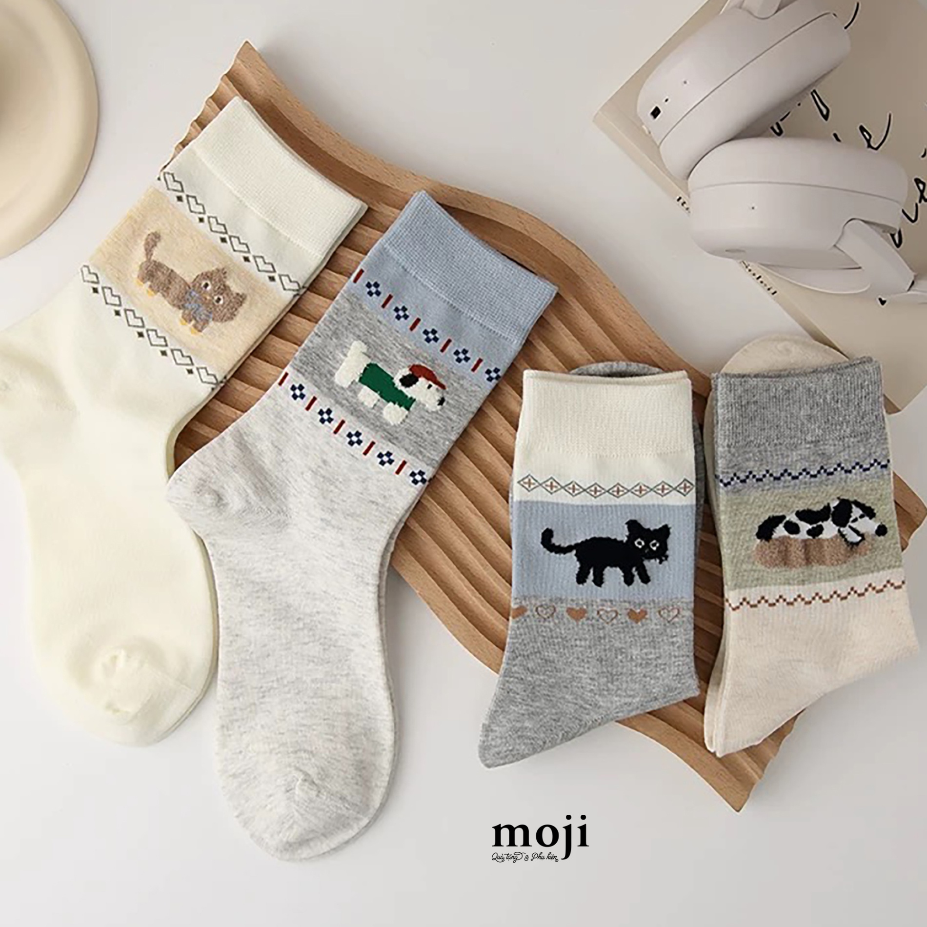 Tất vớ cổ cao Cute animal lông xù ô màu viền họa tiết
