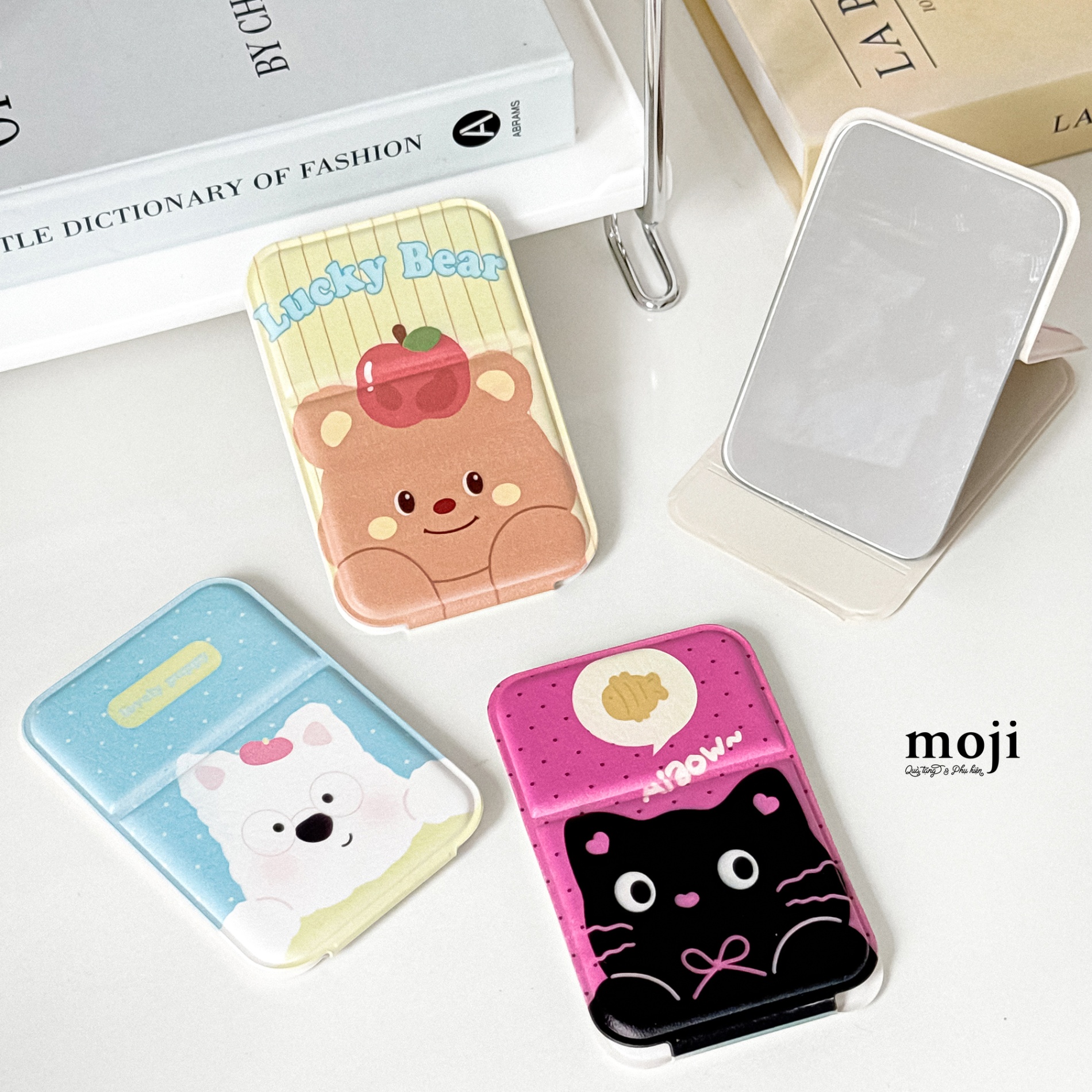 Gương gập để bàn mini Cute animal lucky lovely miaow nền họa tiết 7x11