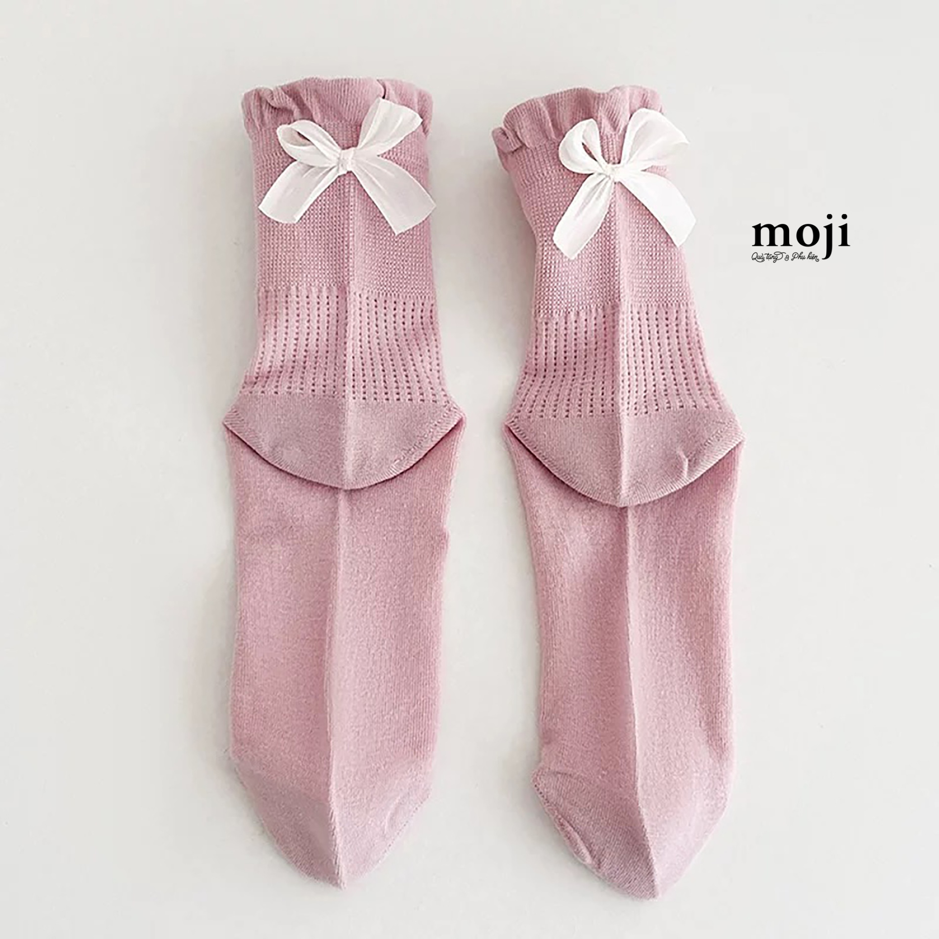 Tất vớ cổ cao Basic 1 màu viền bèo nhún đính bow nơ