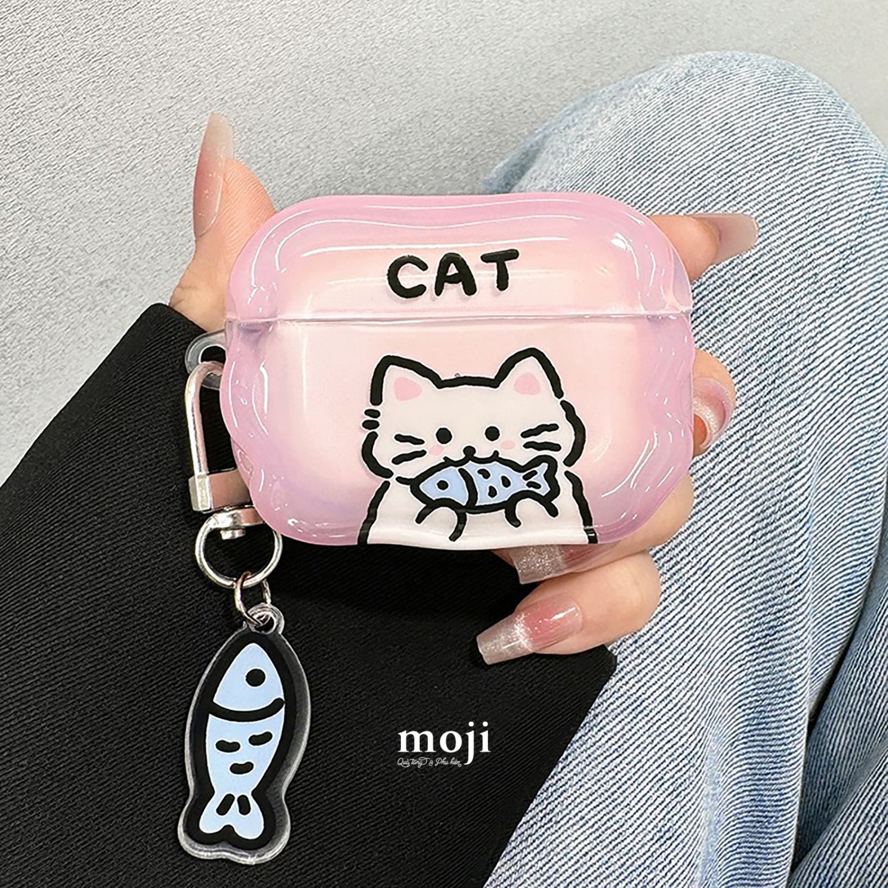 Case Airpods Cute cat yummy fish kèm móc