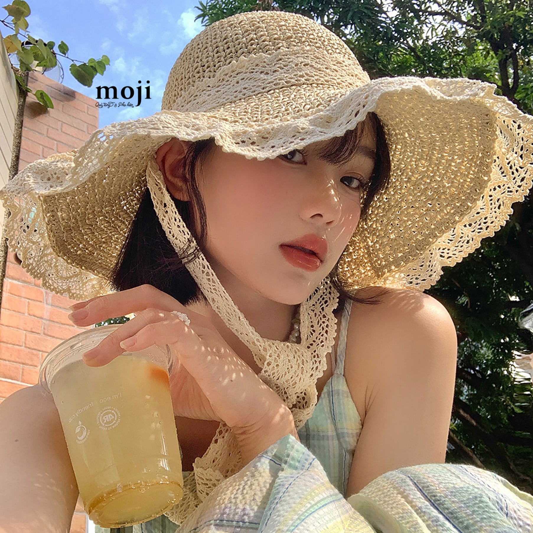 Mũ nón rộng vành viền ren vòng ren dây dài
