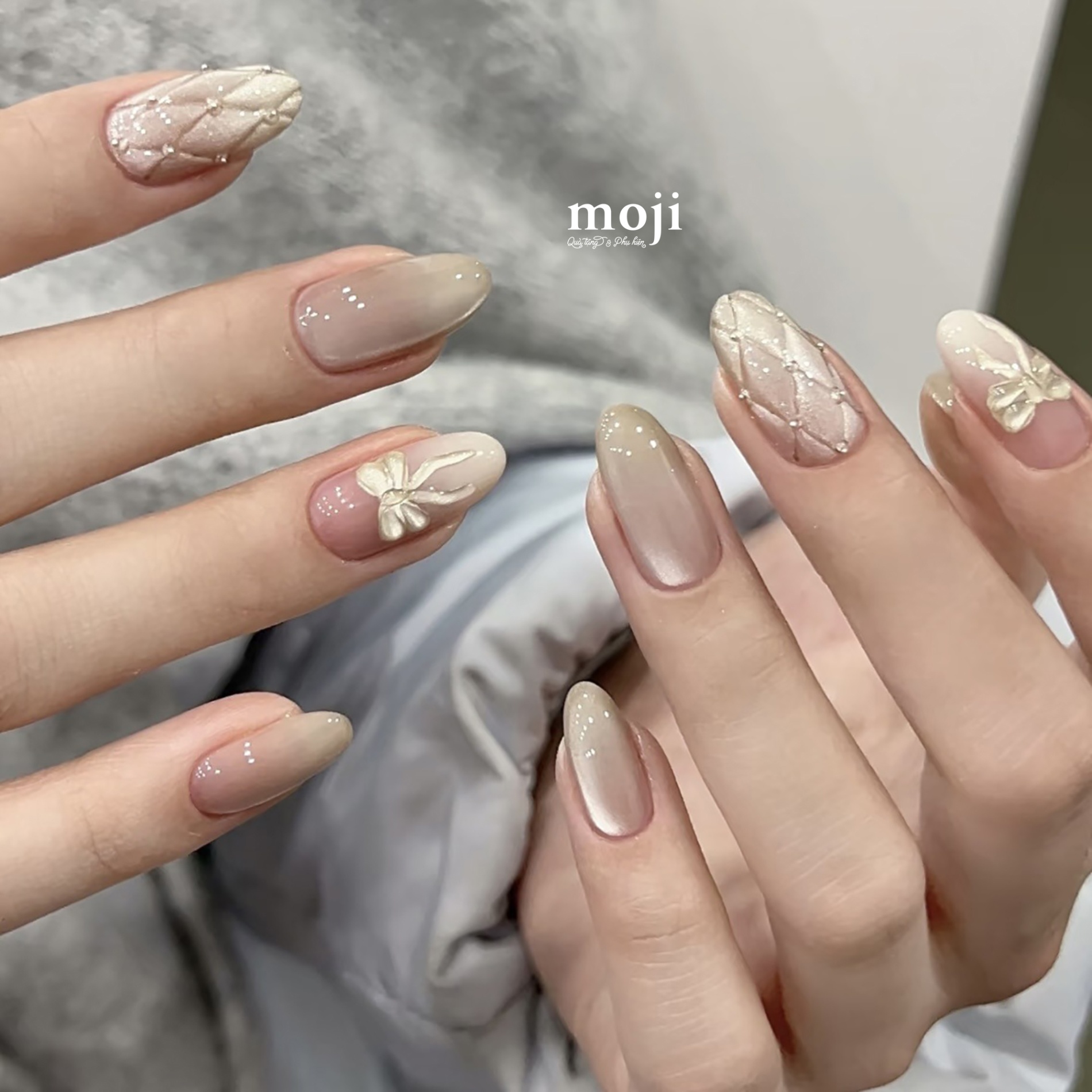 Móng tay giả Bow nơ nền màu hình thoi kèm keo WY256 set30