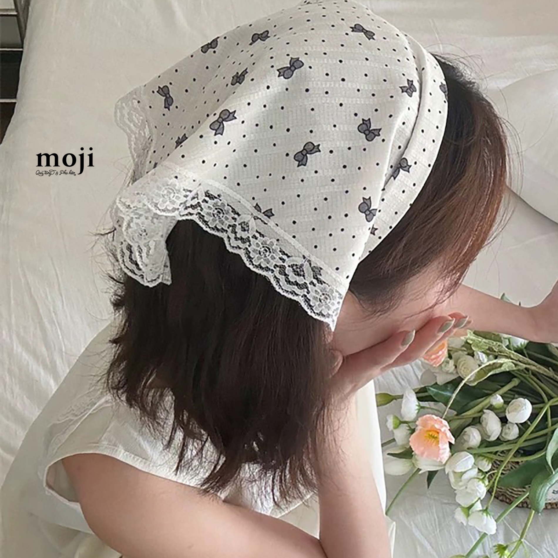 Băng đô bờm bandana Bow nơ chấm bi viền ren