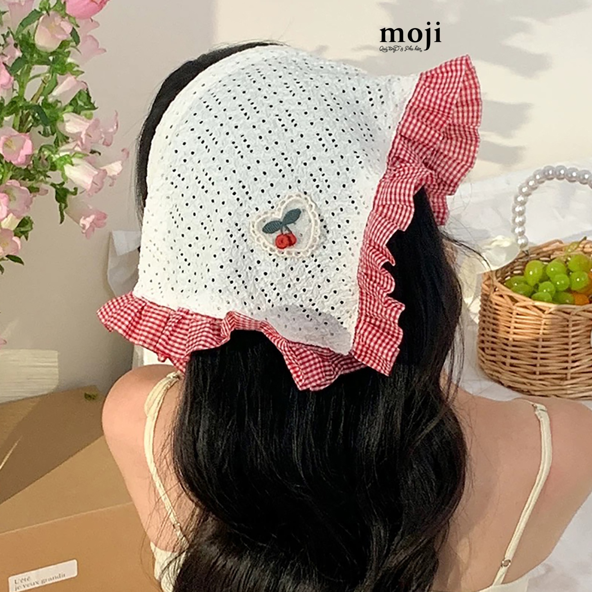 Băng đô bờm bandana Little fruit cherry heart có viền kẻ ô