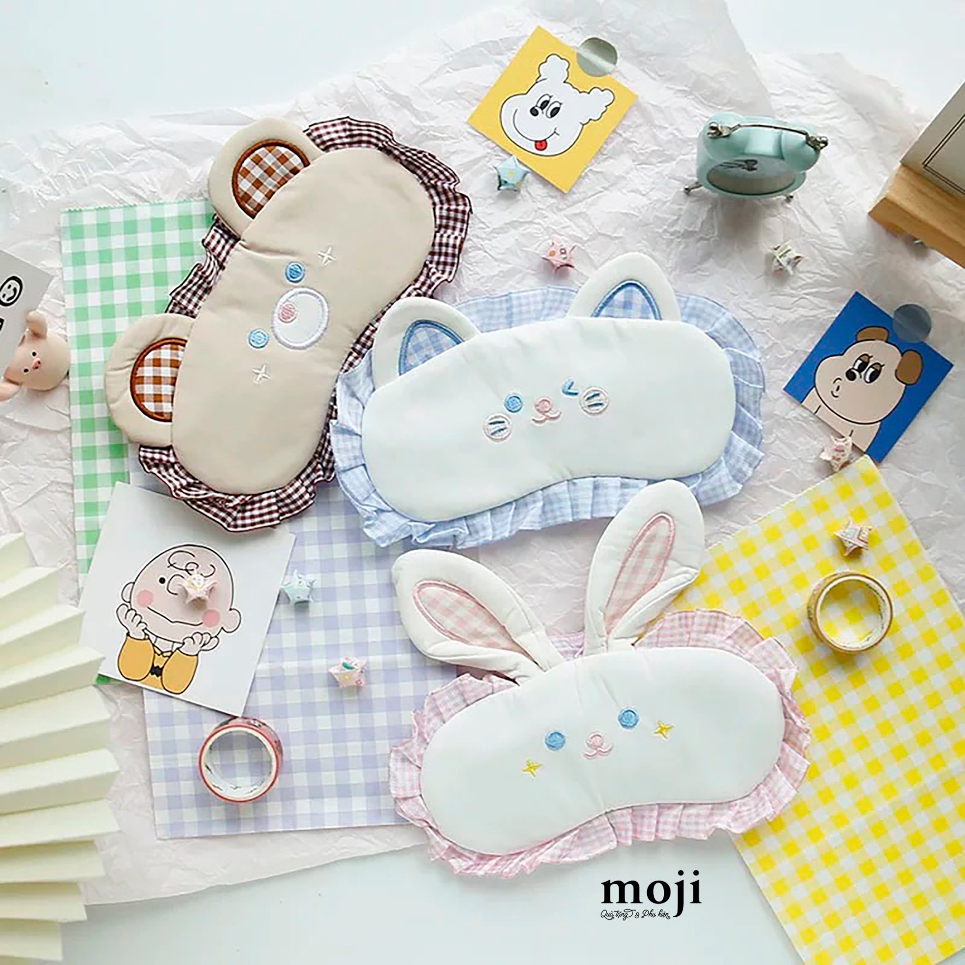 Kính ngủ có gel MJ Cute animal face có tai viền kẻ ô xếp ly