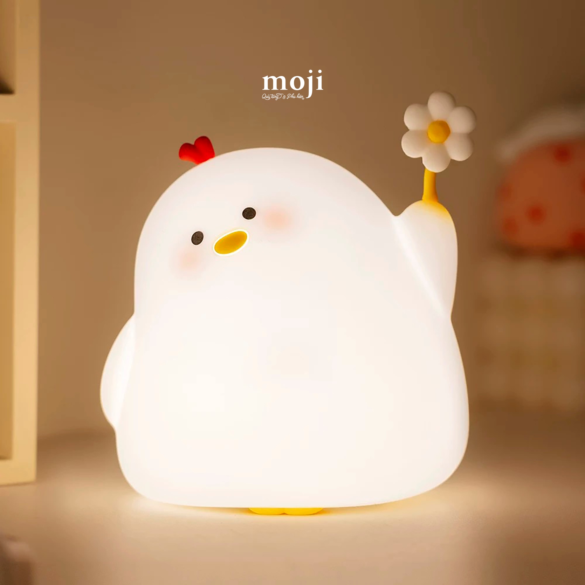 Đèn ngủ led Cute chick gà cầm hoa cao cấp cảm ứng sạc tích điện 10x11x12