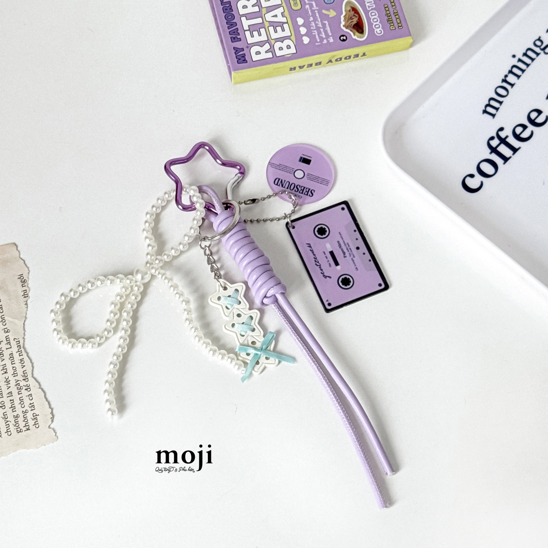Móc khóa MJ Hạt ngọc trai kết nơ seesound cassette âm nhạc