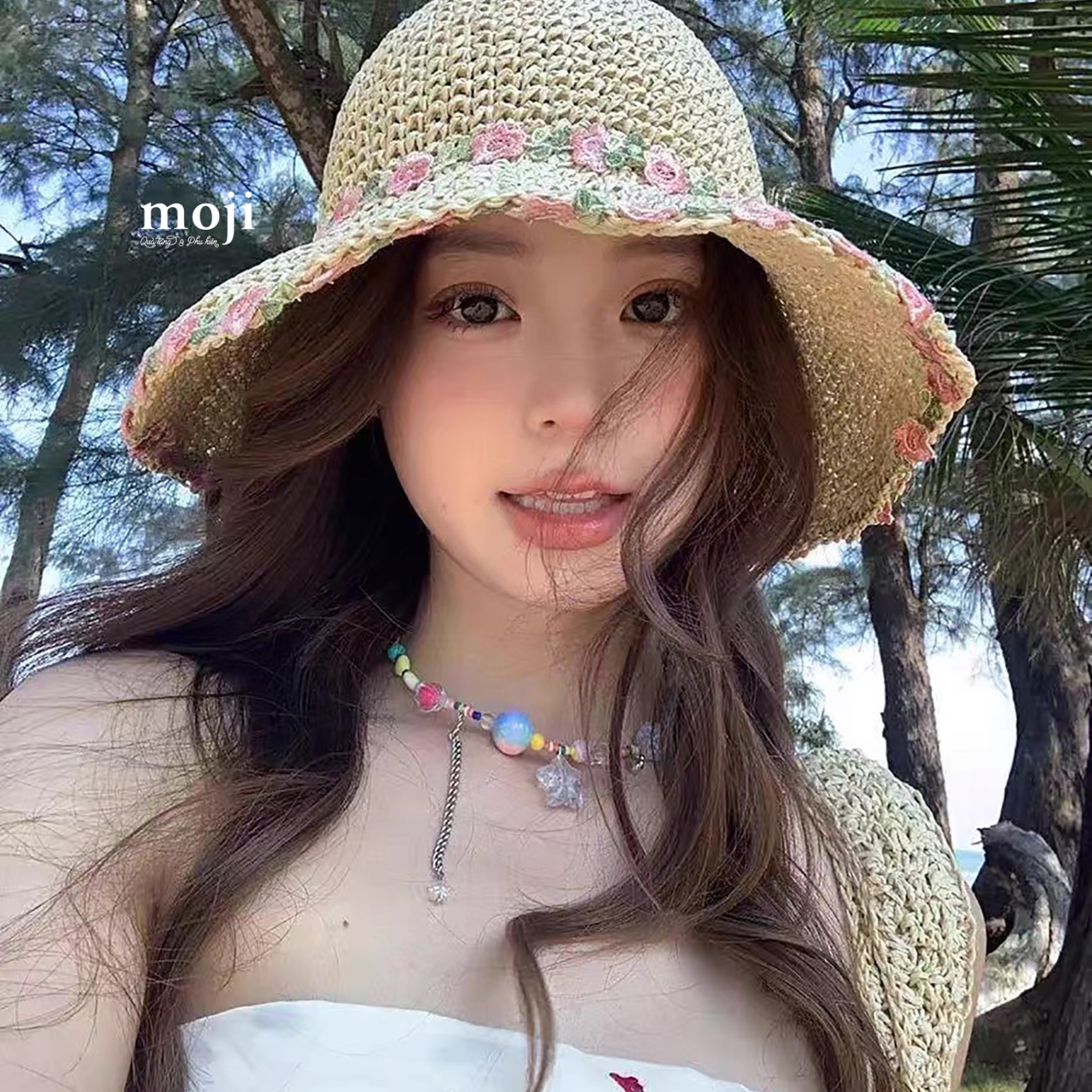 Mũ nón rộng vành viền hoa flower