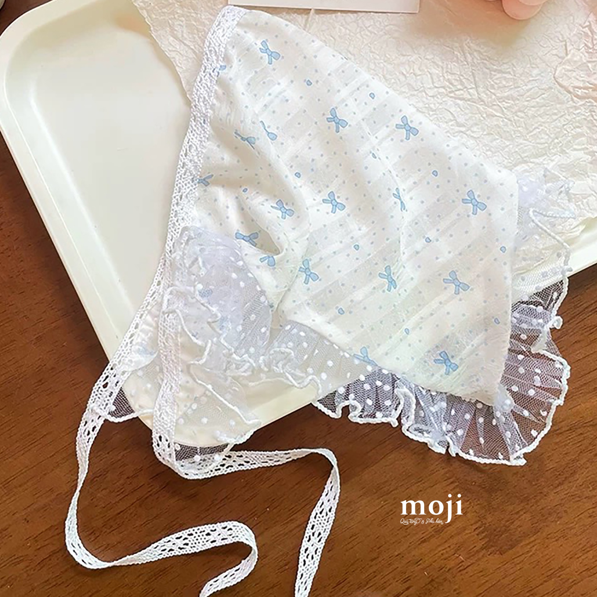 Khăn bandana sợi Bow nơ little heart chấm bi có viền voan chấm bi 28x45