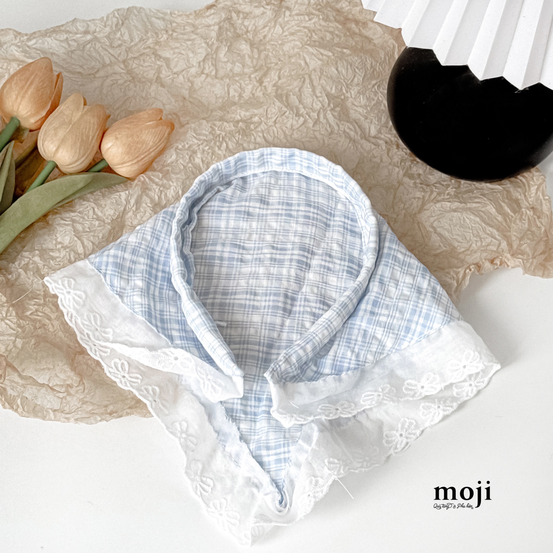 Băng đô bờm bandana  Basic kẻ ô viền voan hình nơ