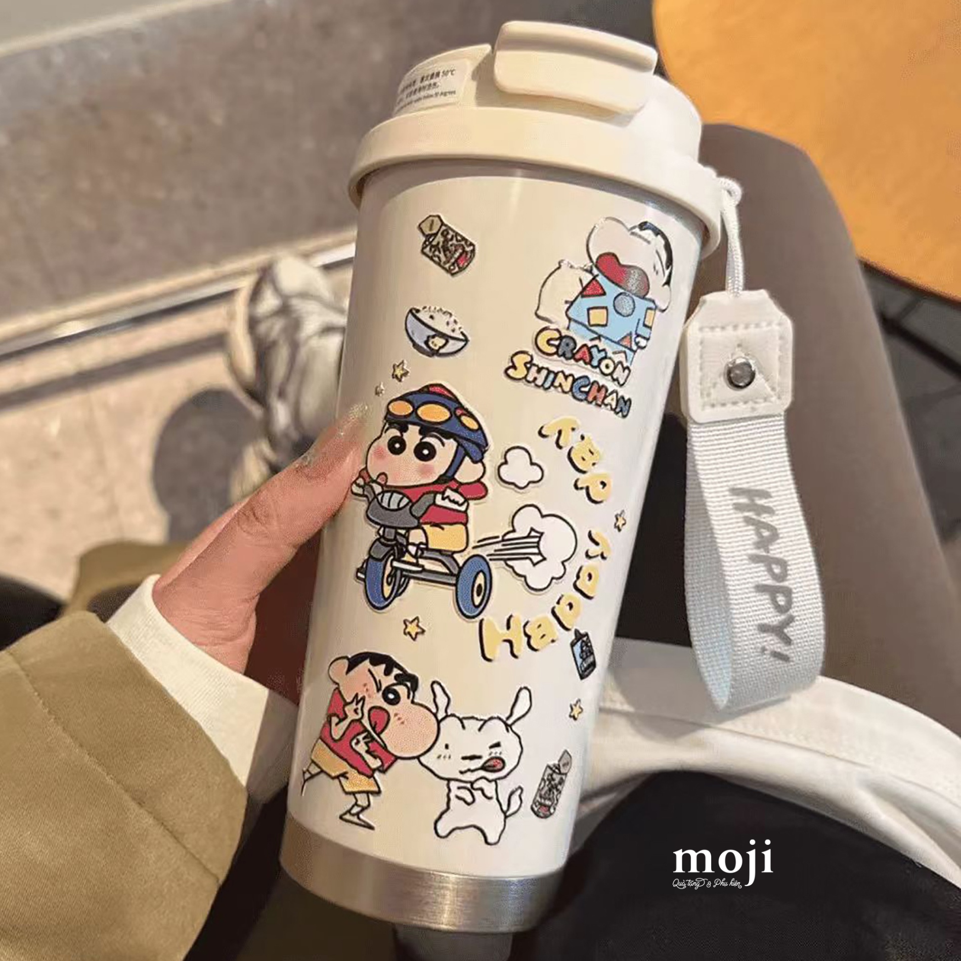 Ly cốc giữ nhiệt Crayon Shinchan happy day chạy xe đạp 530ml