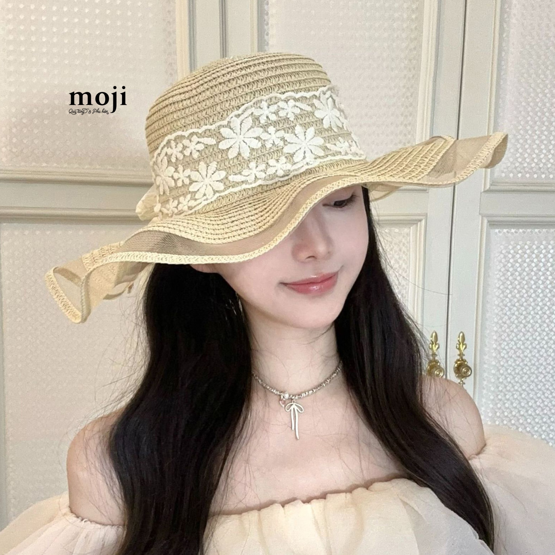 Mũ nón rộng vành White flower bow nơ bản to