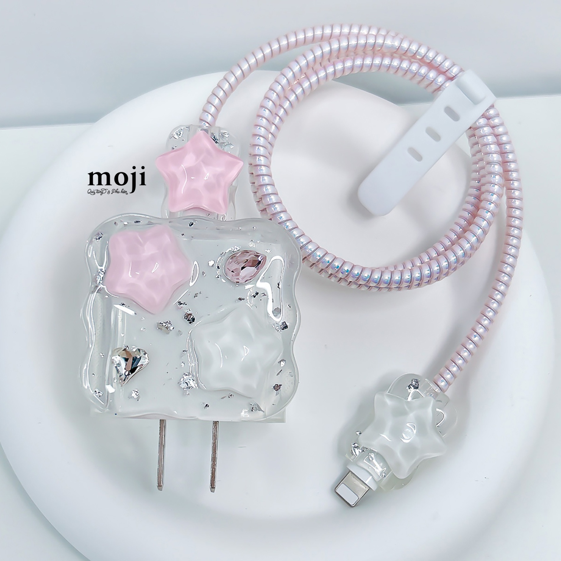 Bảo vệ củ sạc cáp sạc nhanh iPhone Star ngôi sao đá màu nền mảnh bạc